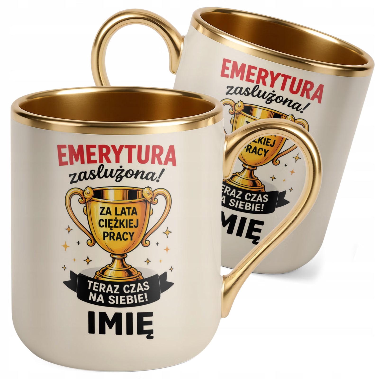 Kubek Personalizowany z nadrukiem Premium Złoty Ecru Emerytura Prezent