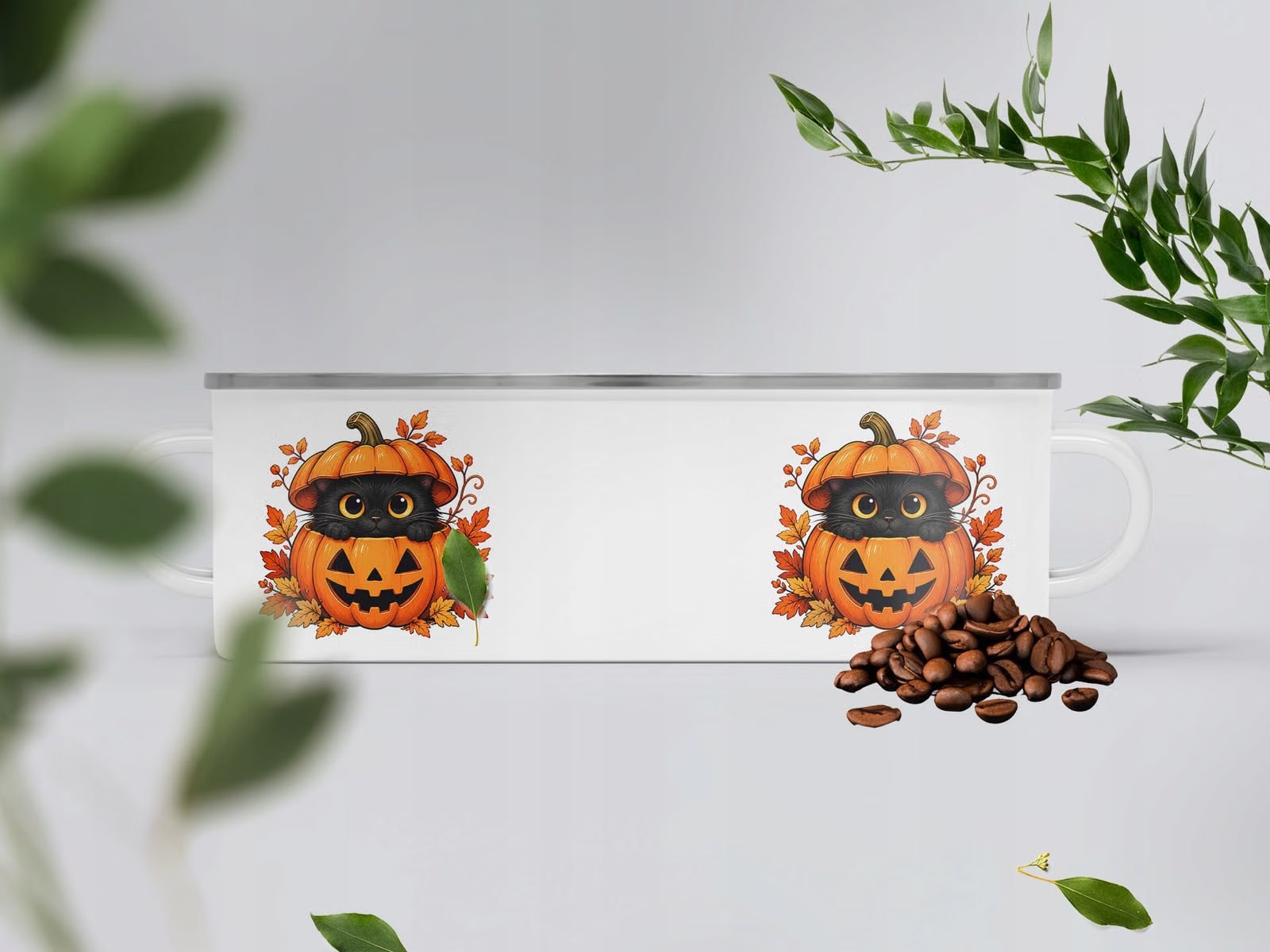 Kubek Emaliowany Halloween Kot Dynia z Nadrukiem Biały Metalowy Prezent