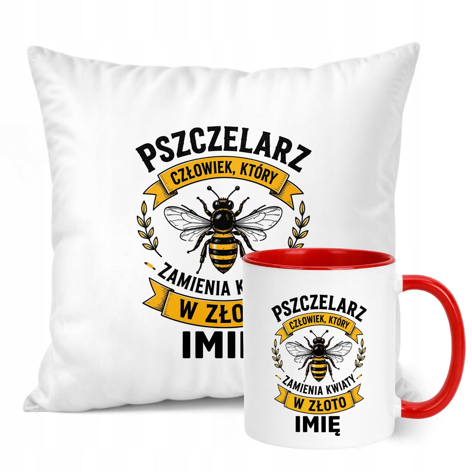 Zestaw Personalizowany Kubek Czerwony Poduszka Z Nadrukiem Dla Pszczelarza