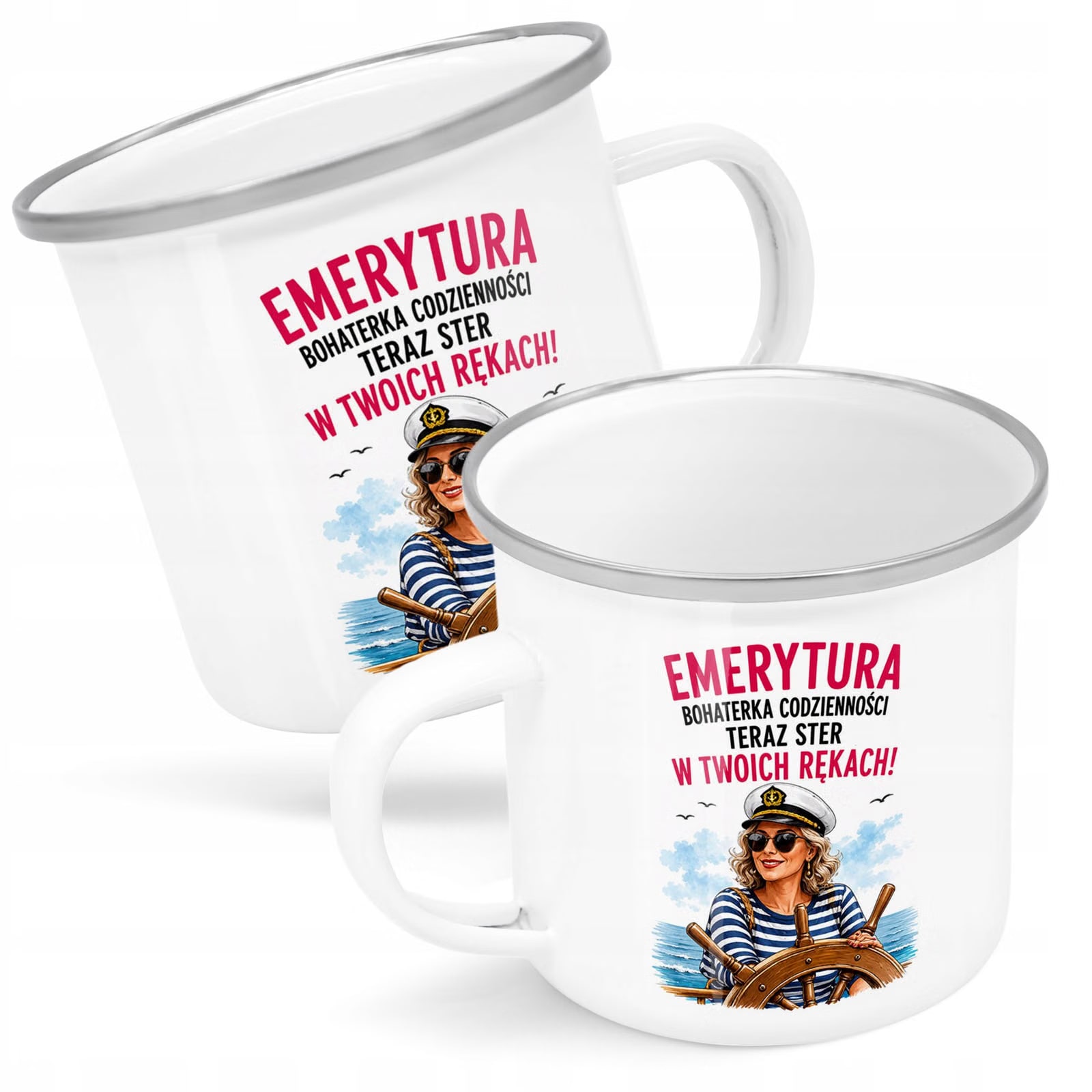 Kubek Emaliowany Emerytura Dla Emerytki z Nadrukiem Biały Metalowy Prezent