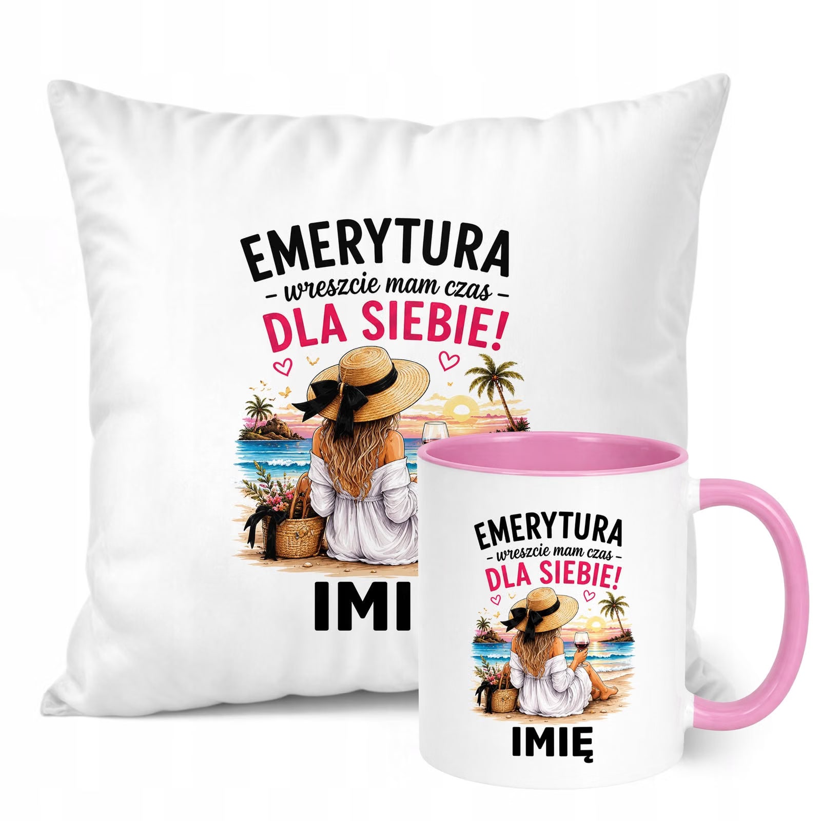 Zestaw Personalizowany Kubek Różowy Poduszka Emerytura Upominek Prezent