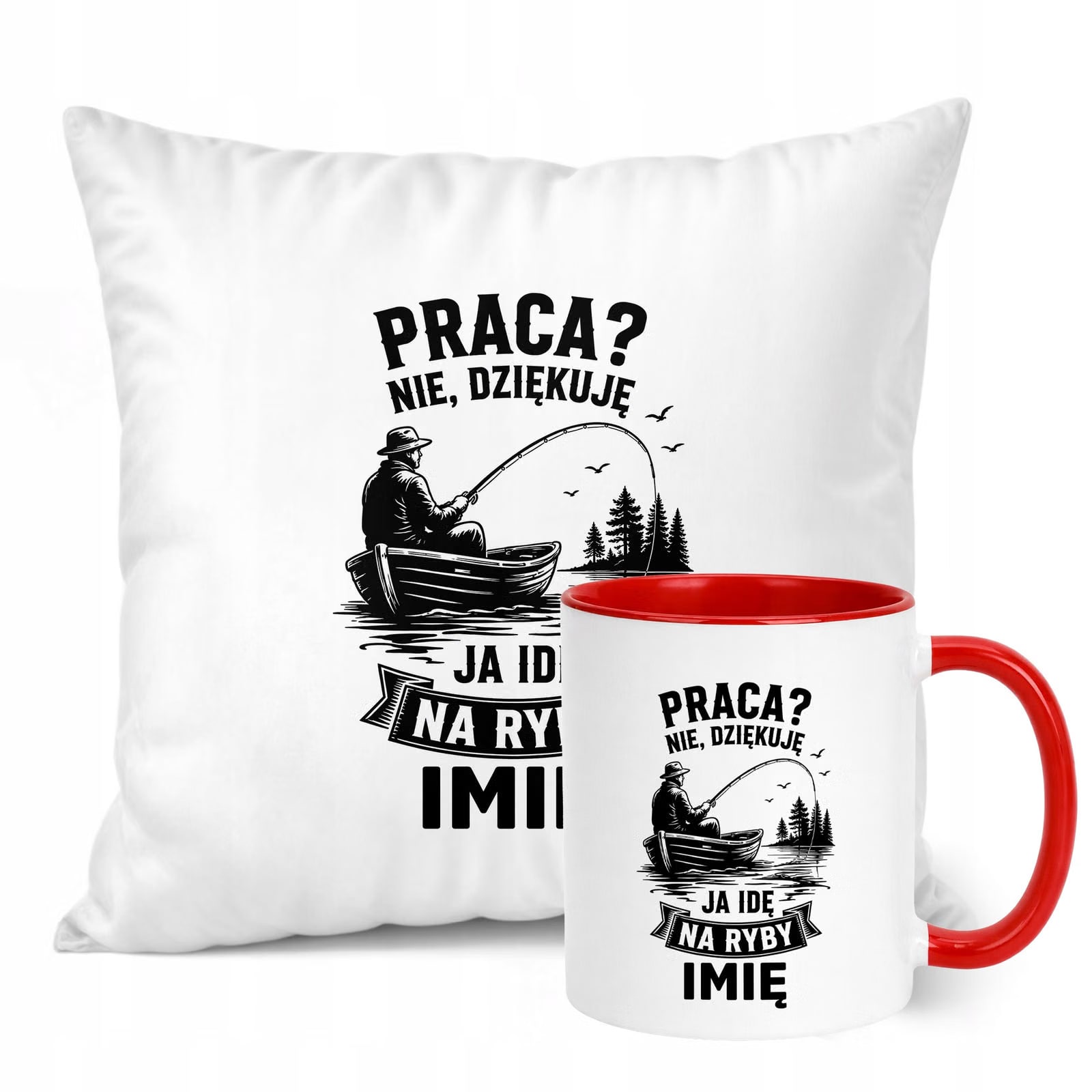 Zestaw Personalizowany Kubek Czerwony Poduszka Z Nadrukiem Dla Wędkarza