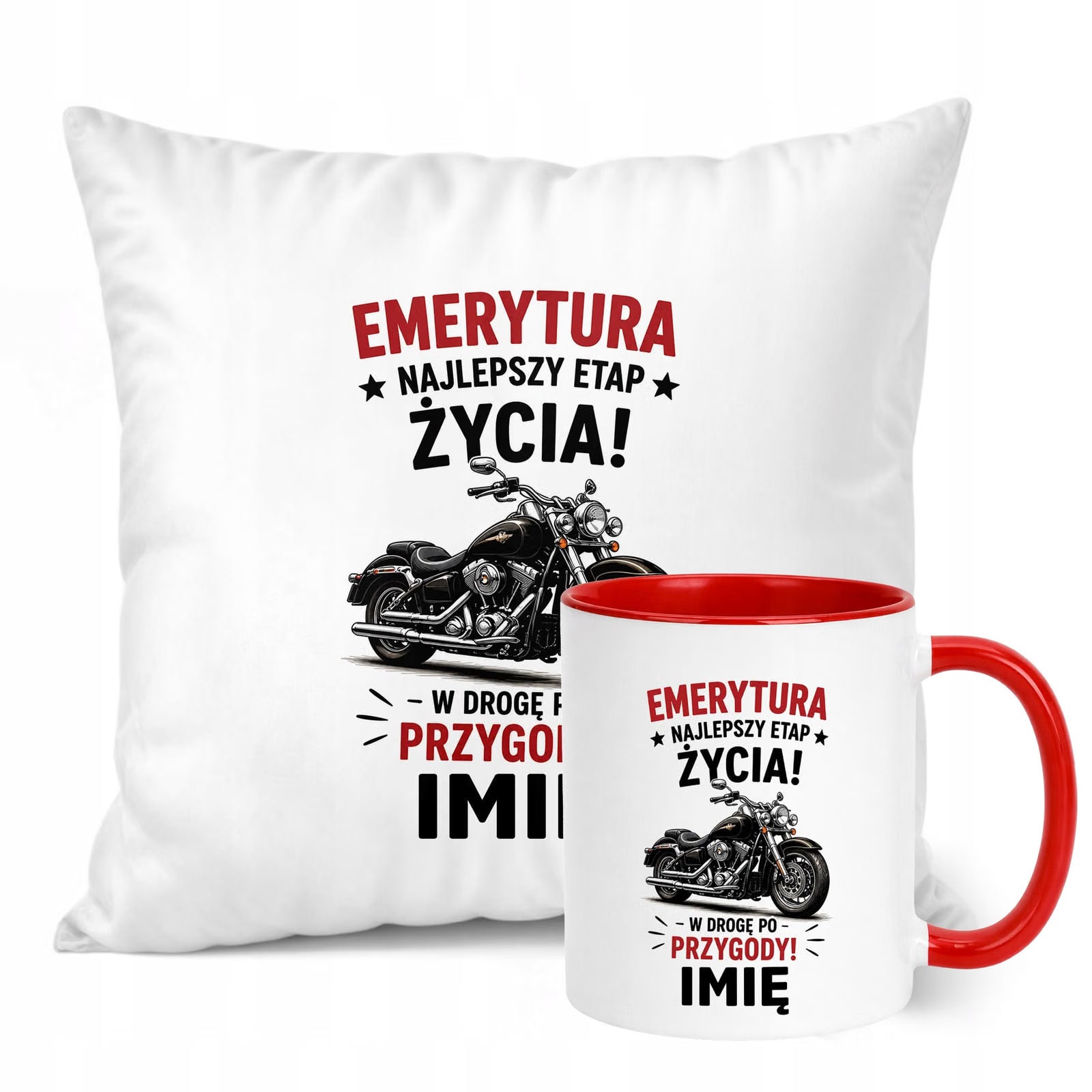 Zestaw Personalizowany Kubek Czerwony Poduszka Emerytura Upominek Prezent