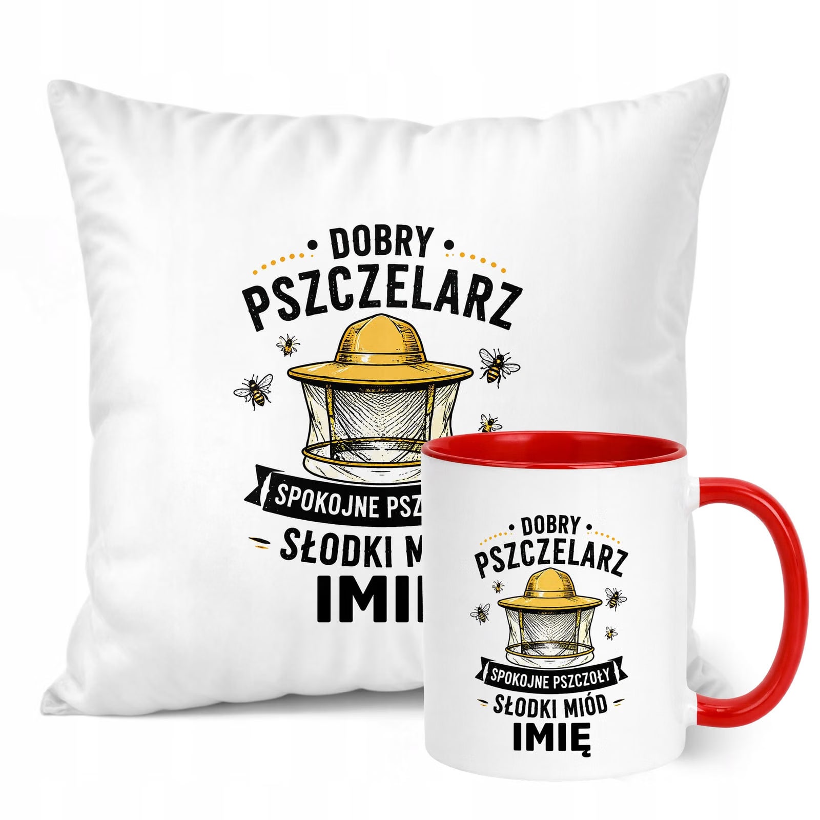 Zestaw Personalizowany Kubek Czerwony Poduszka Z Nadrukiem Dla Pszczelarza