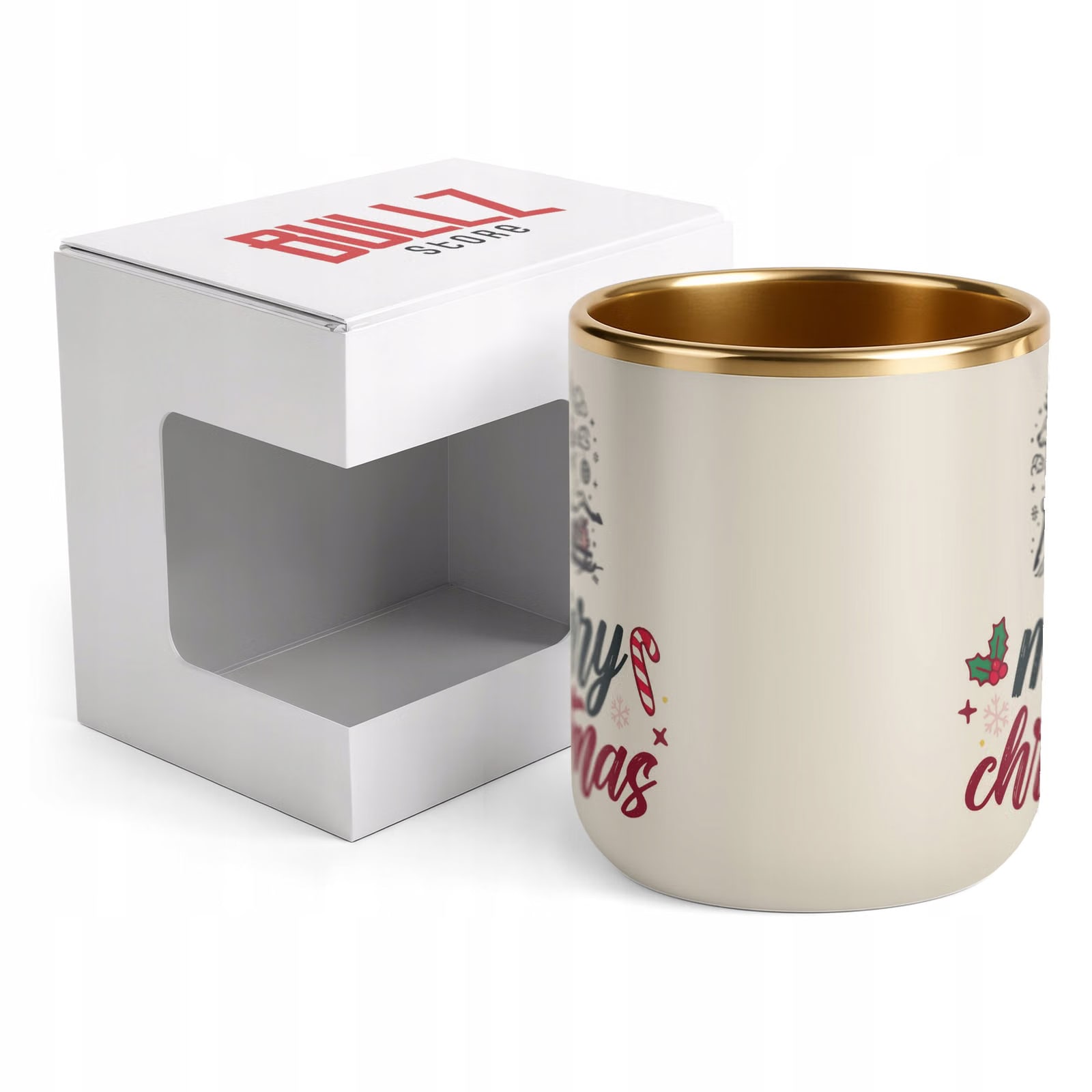 Kubek Premium Złoty Ecru Boże Narodzenie Mikołajki Merry Christmas Prezent