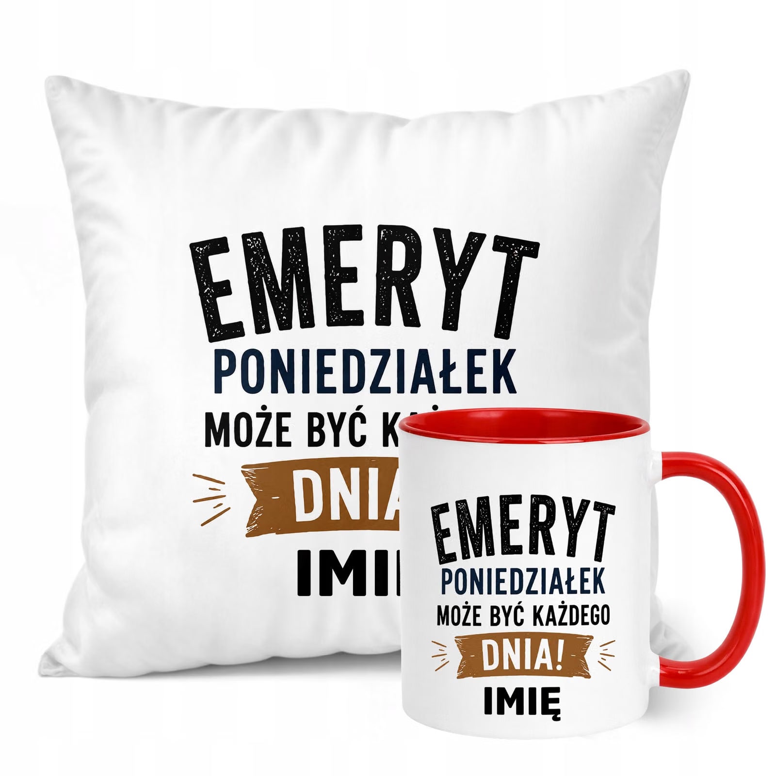 Zestaw Personalizowany Kubek Czerwony Poduszka Emerytura Upominek Prezent