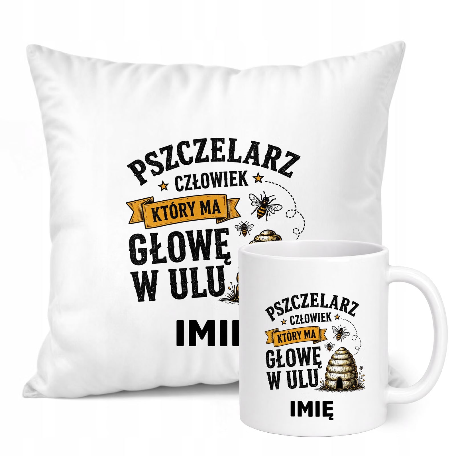 Zestaw Personalizowany Kubek Biały Poduszka Z Nadrukiem Dla Pszczelarza