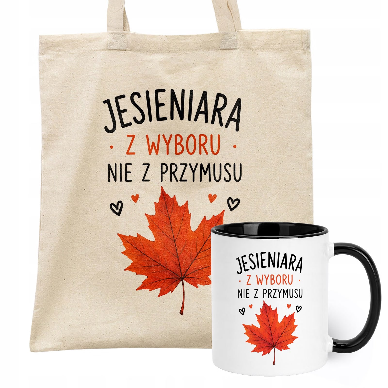 Zestaw Kubek Czarny Torba Shopper Ecru Z Nadrukiem Jesień Jesienny