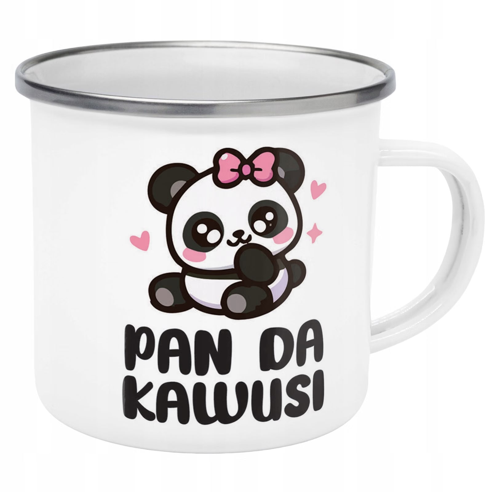 Kubek Emaliowany Pan Da Kawusi Panda Zabawny z Nadrukiem Biały Metalowy