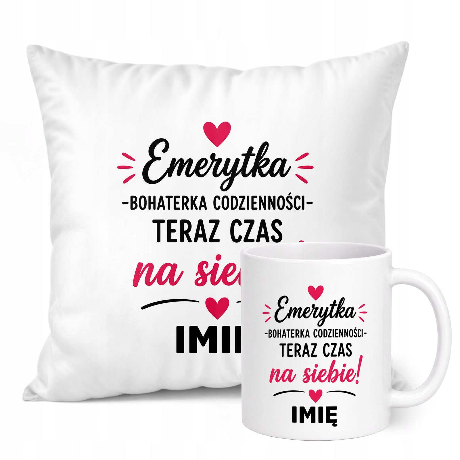 Zestaw Personalizowany Kubek Biały Poduszka Emerytura Dla Emerytki Prezent