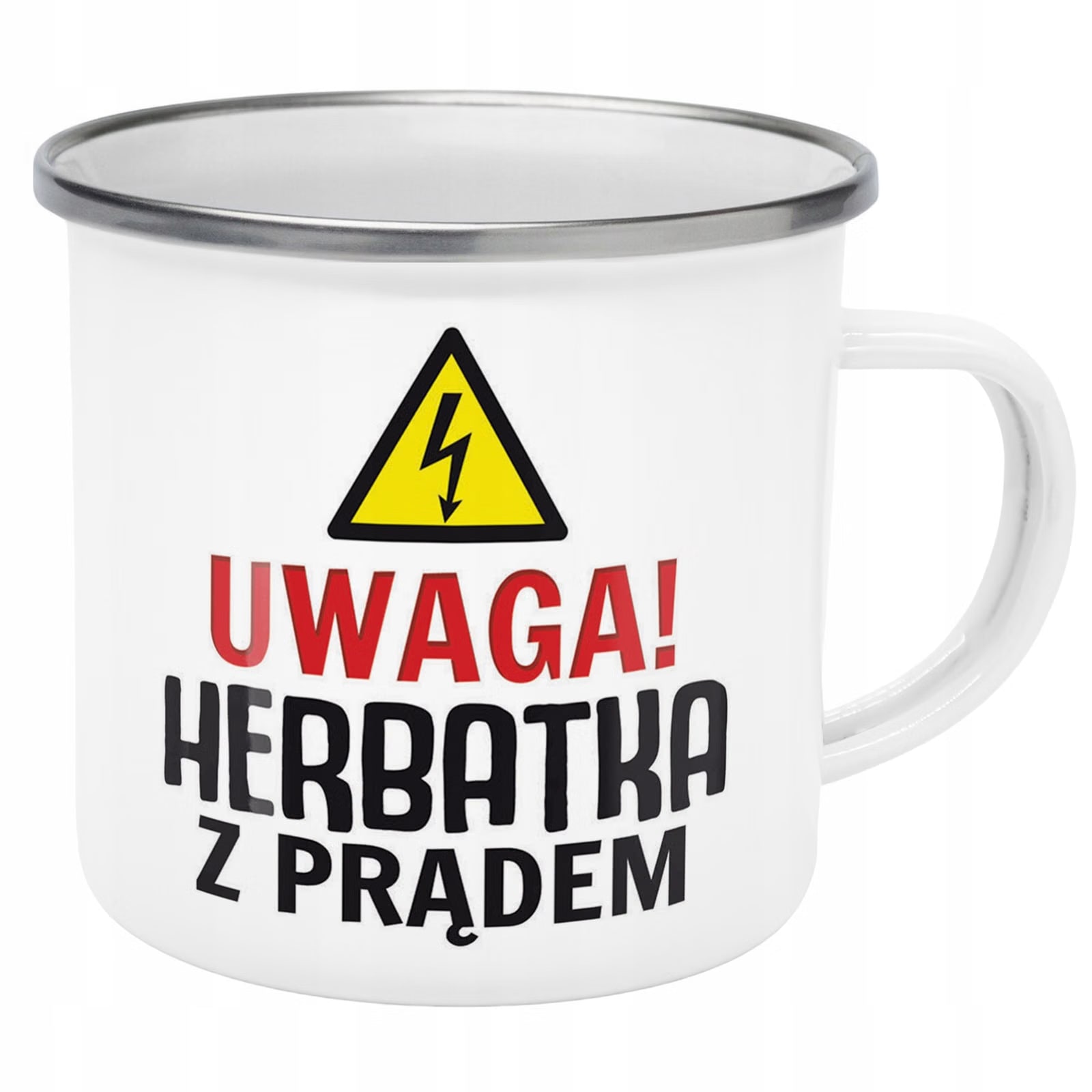 Kubek Emaliowany Uwaga Herbata Z Prądem Zabawny z Nadrukiem Biały Metalowy