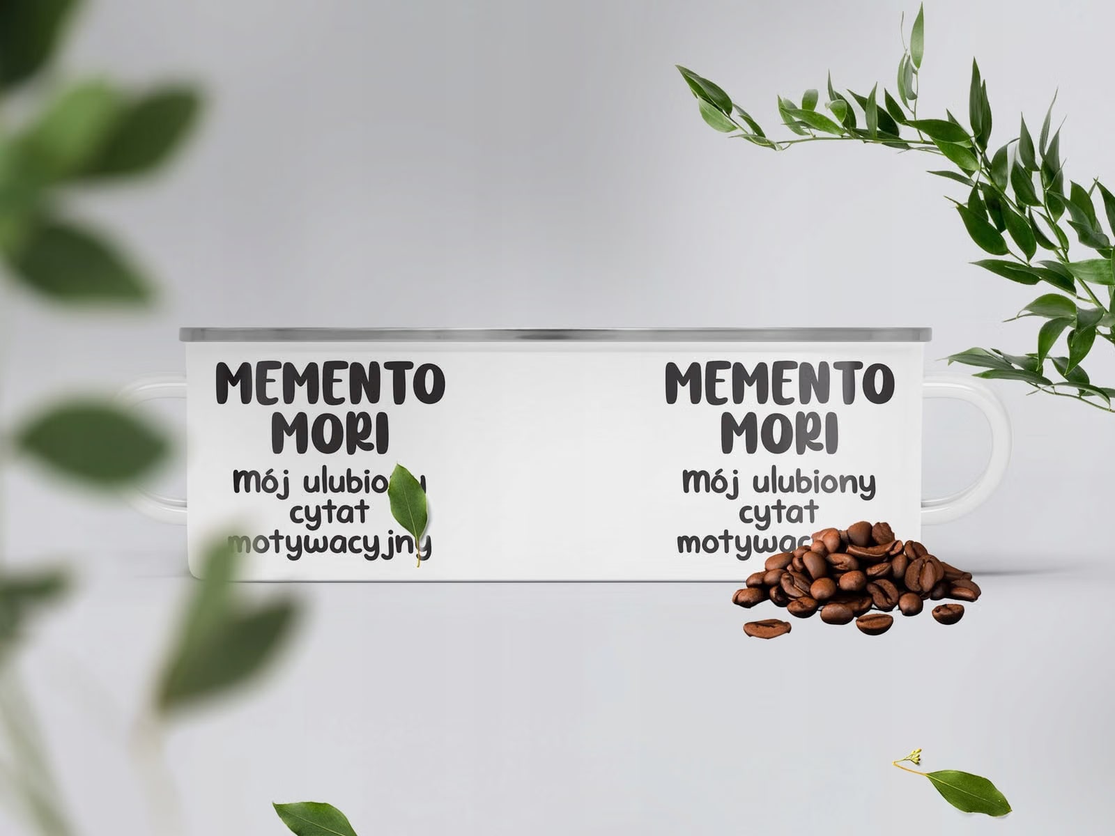 Kubek Emaliowany Memento Mori Cytat Motwywacyjny z Nadrukiem Biały Metalowy