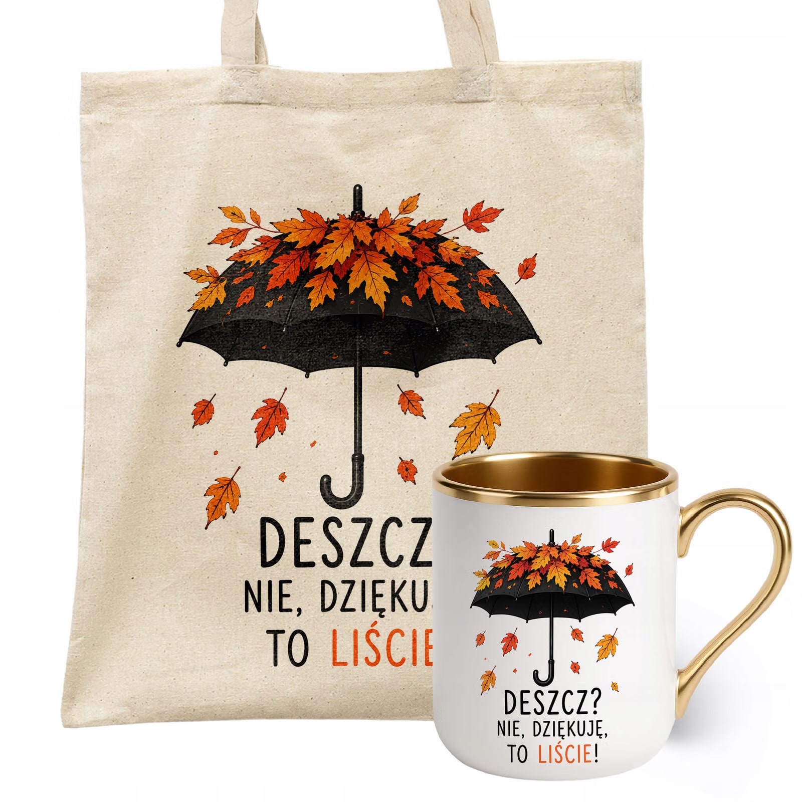 Zestaw Kubek Premium Złoty Torba Shopper Ecru Z Nadrukiem Jesień