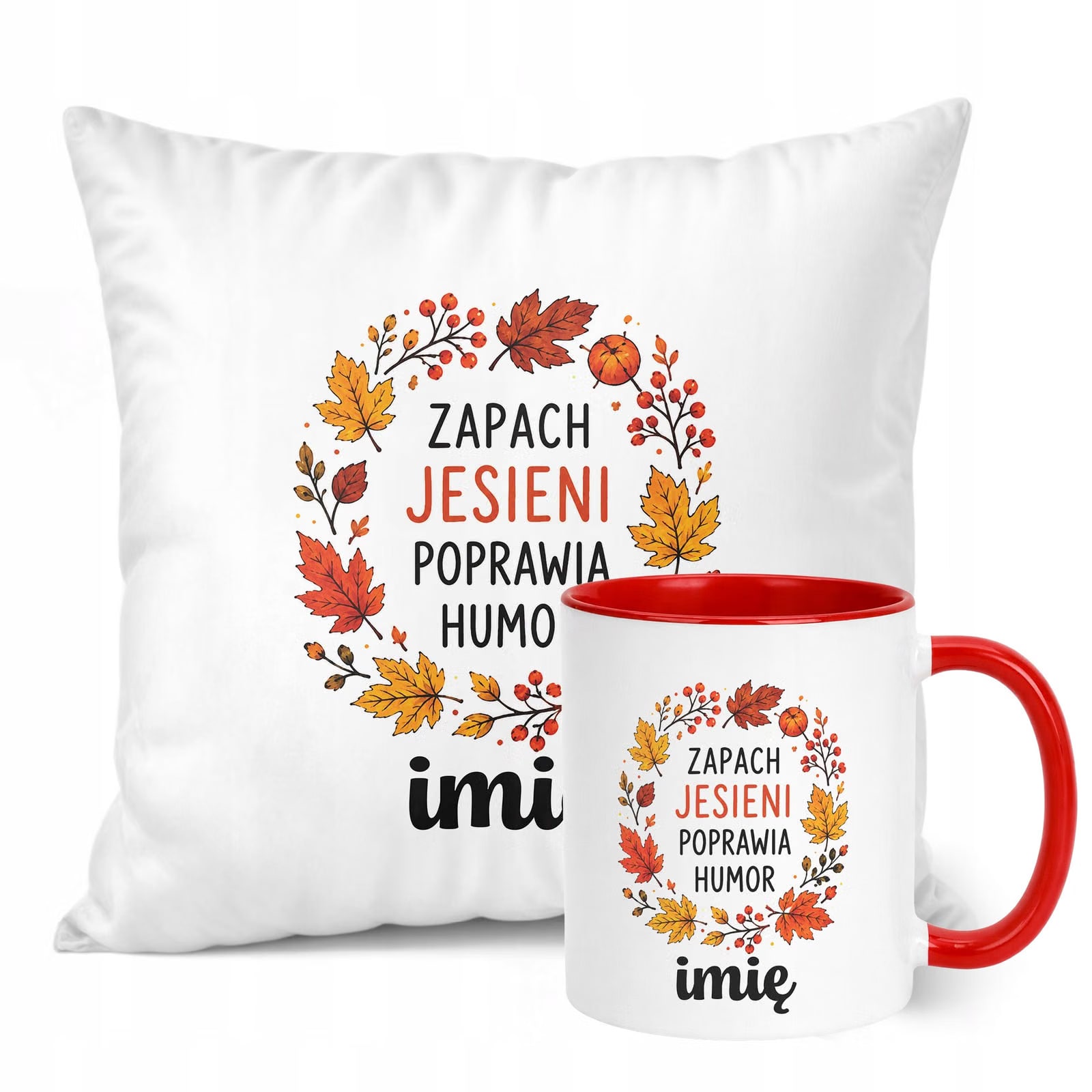 Zestaw Personalizowany Kubek Czerwony Poduszka Jesień Z Nadrukiem