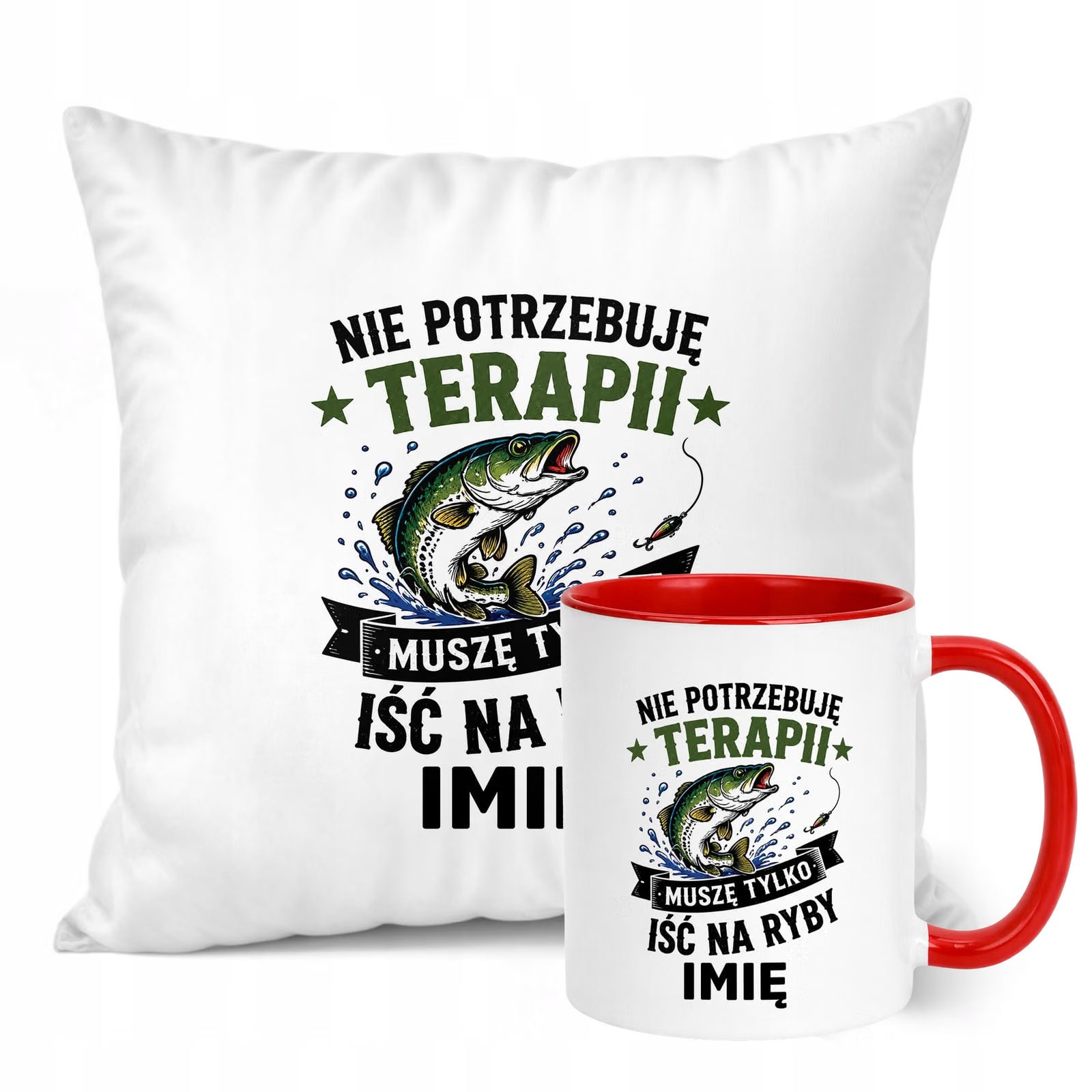 Zestaw Personalizowany Kubek Czerwony Poduszka Z Nadrukiem Dla Wędkarza