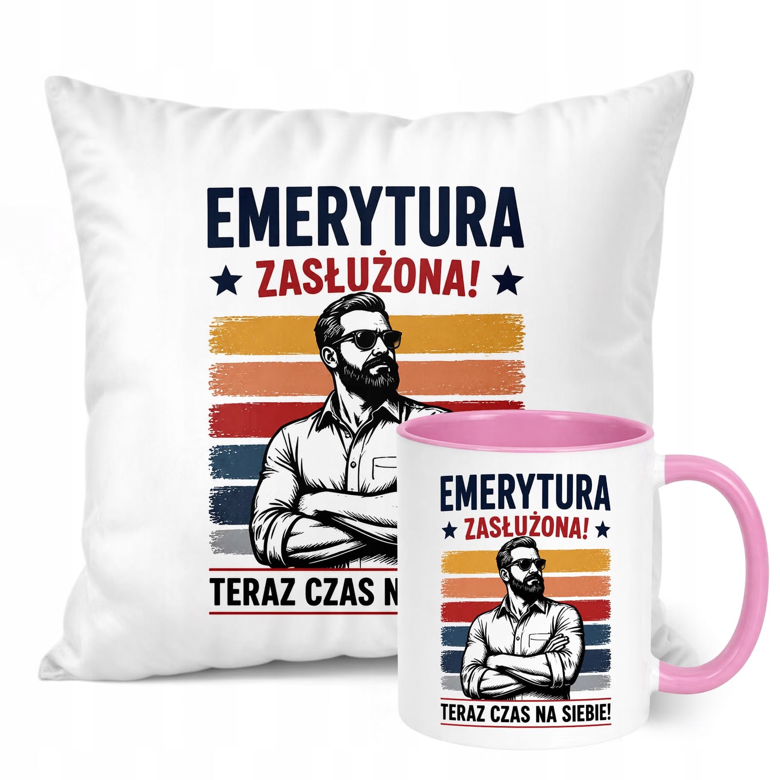 Zestaw Kubek Różowy Poduszka Z Nadrukiem Emerytura Dla Emeryta Prezent