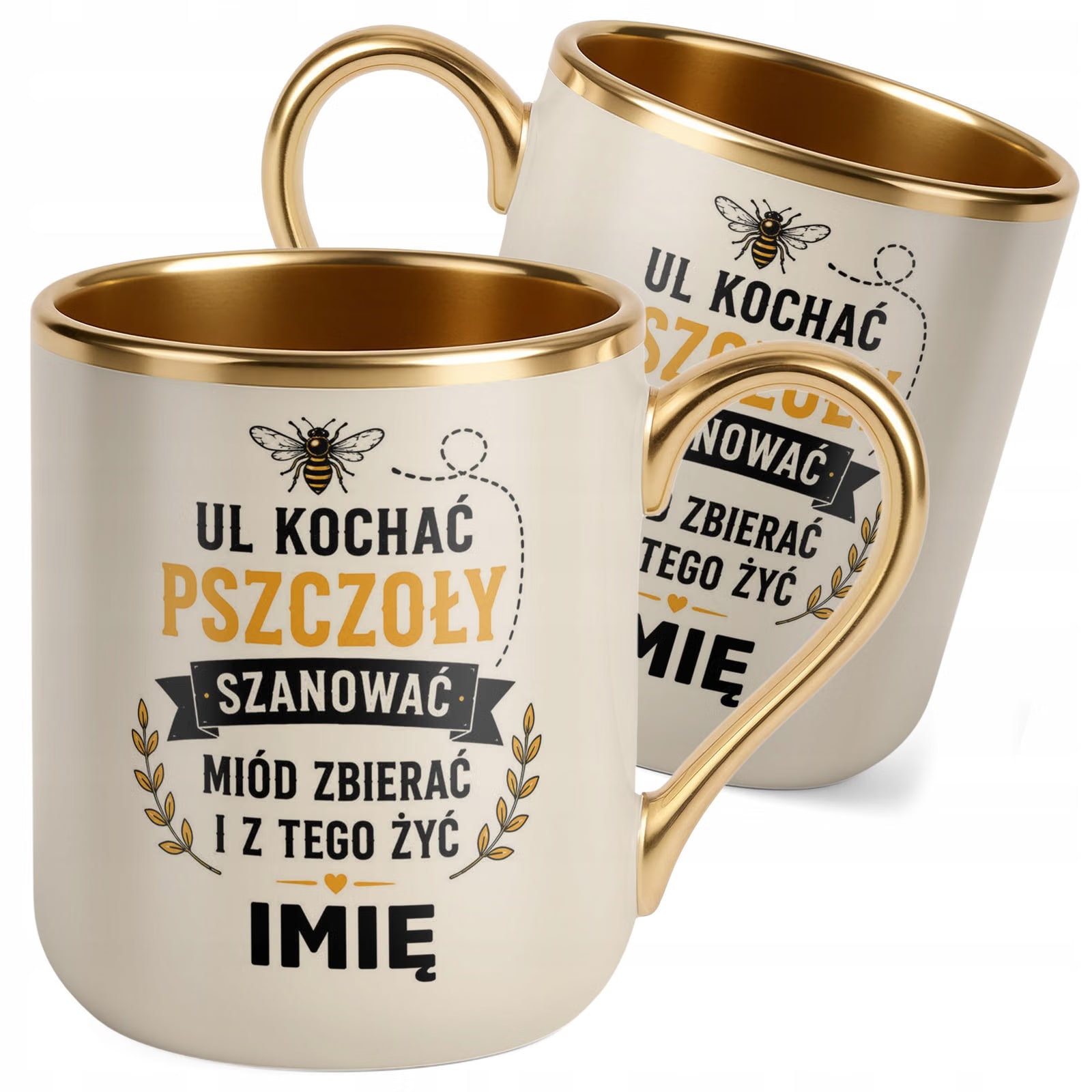 Kubek Personalizowany z nadrukiem Premium Złoty Ecru Dla Pszczelarza