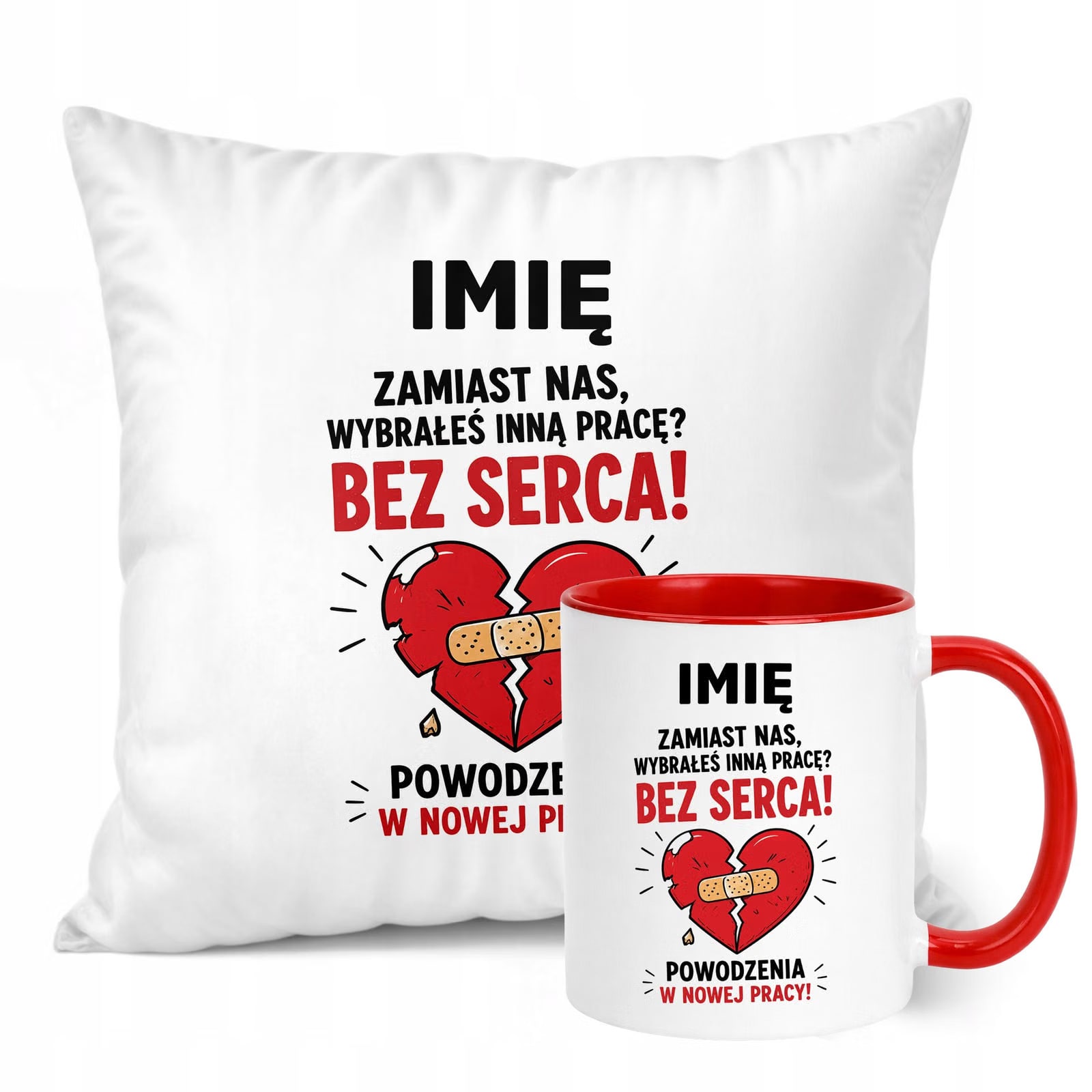 Zestaw Personalizowany Kubek Czerwony Poduszka Odejście z Pracy Prezent