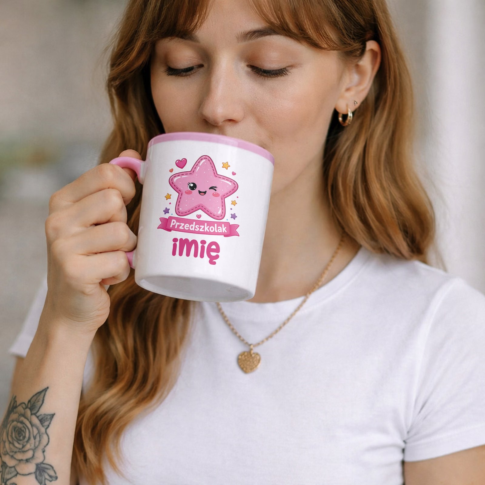 Zestaw Personalizowany Kubek Różowy Poduszka Przedszkolak Gwiazdka