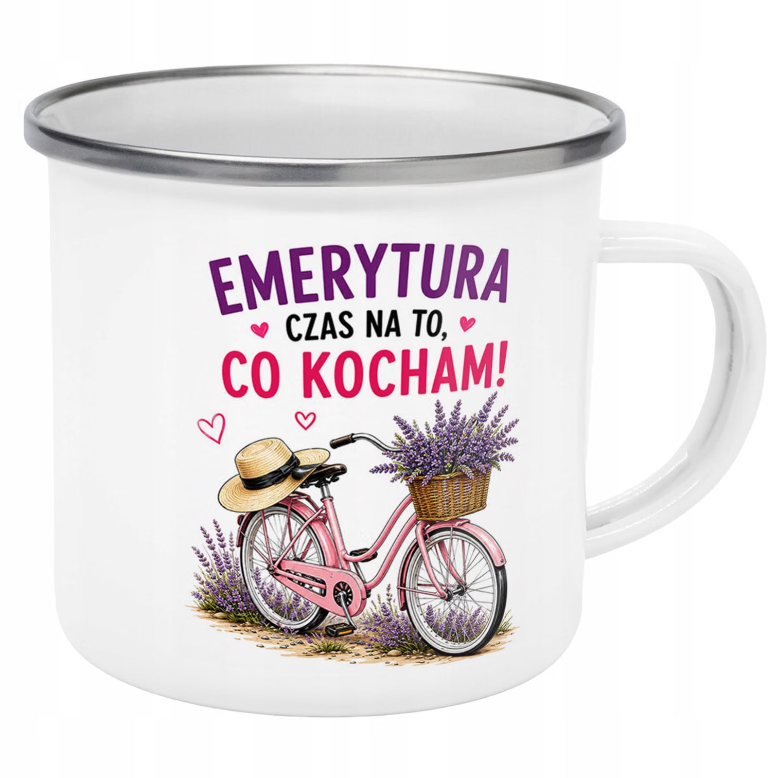 Kubek Emaliowany Emerytura Dla Emerytki z Nadrukiem Biały Metalowy Prezent