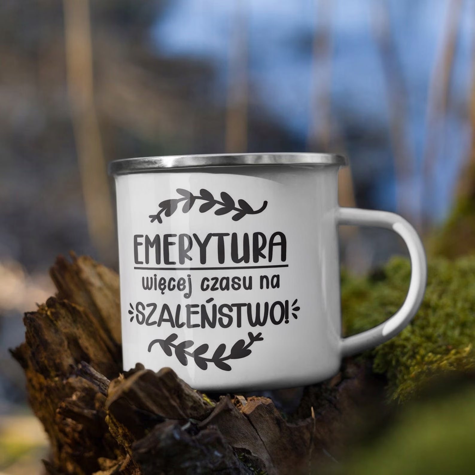 Kubek Emaliowany z okazji Emerytury Dla Emeryta z Nadrukiem Biały Metalowy