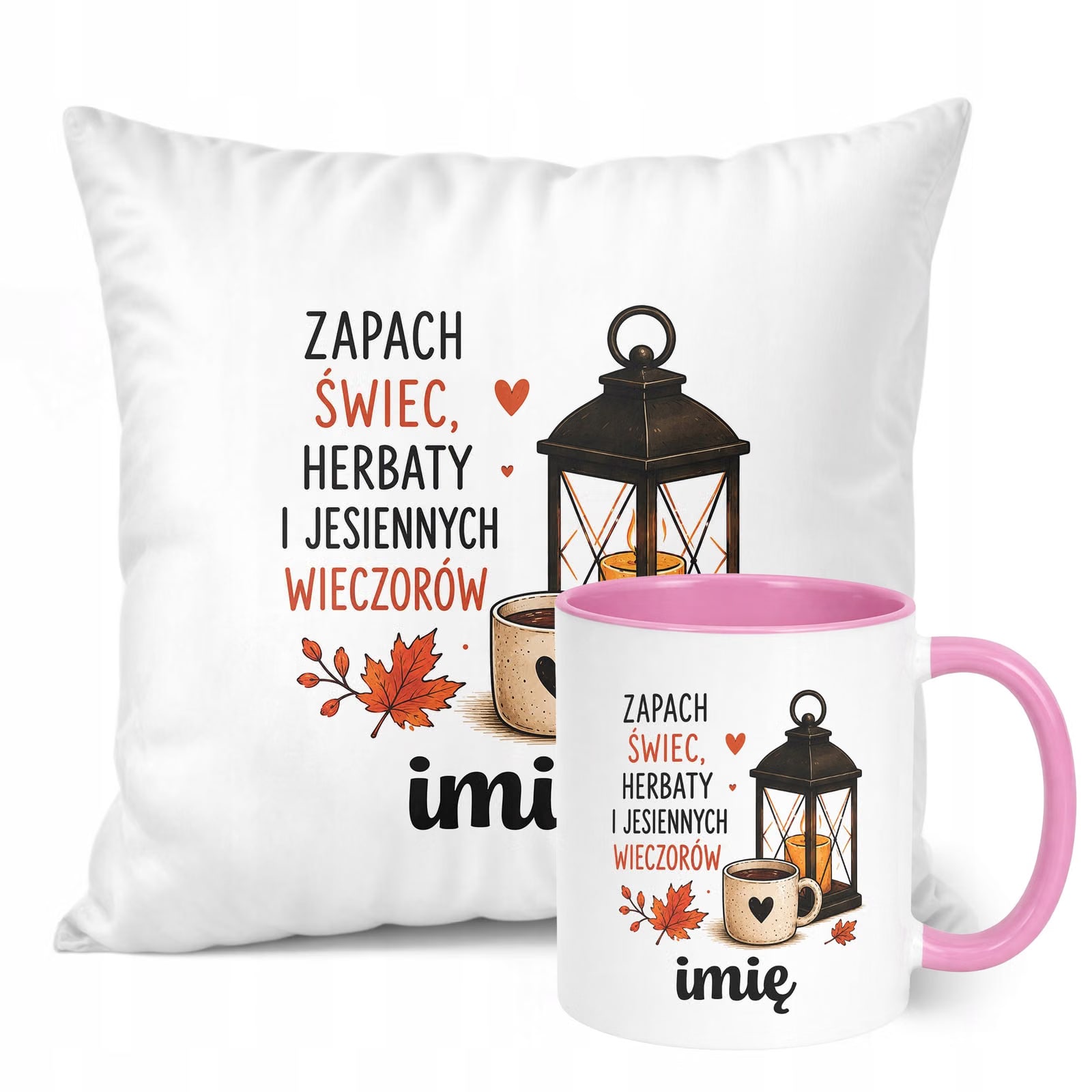 Zestaw Personalizowany Kubek Różowy Poduszka Jesień Jesienny Z Nadrukiem