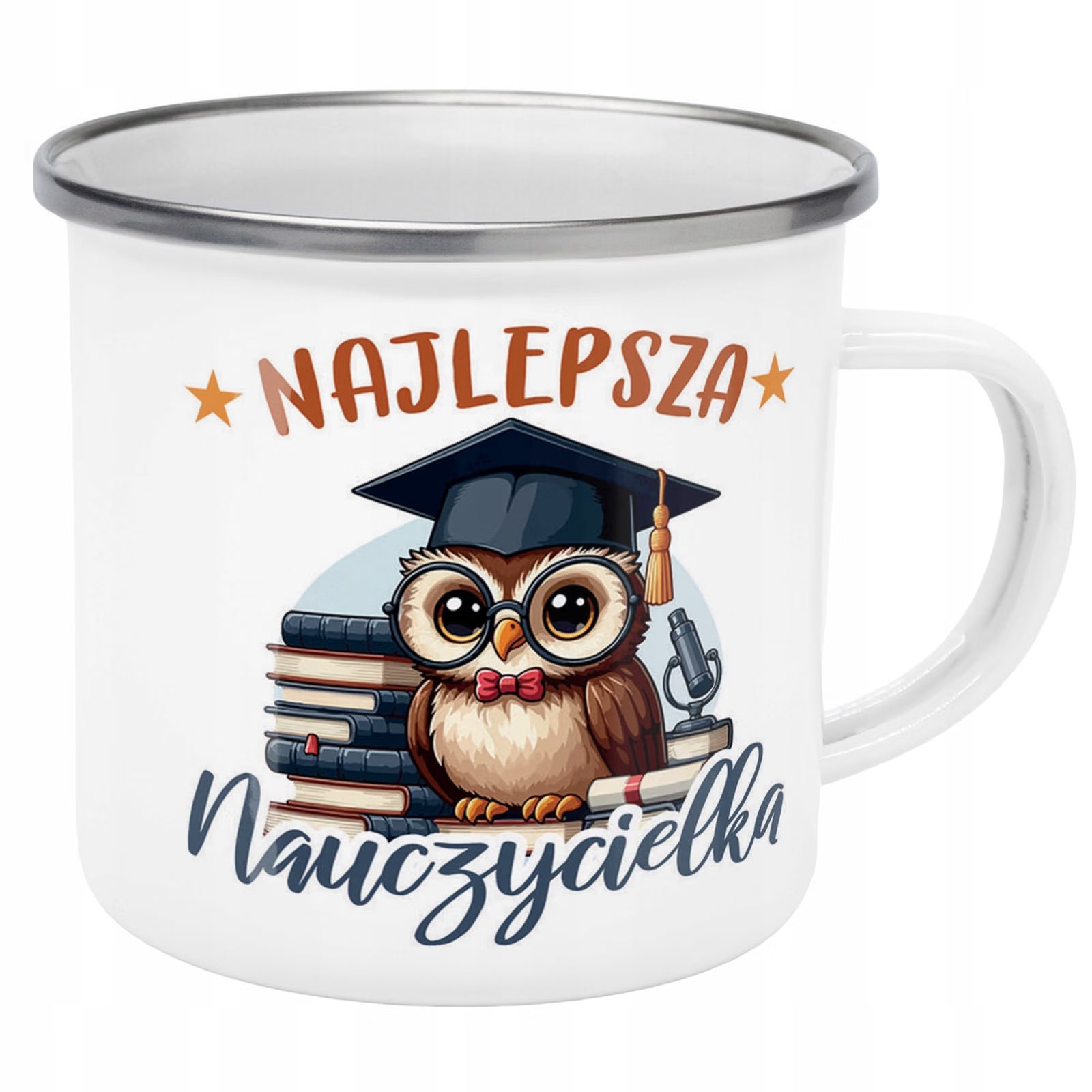 Kubek Emaliowany Najlepsza Nauczycielka Dzień z Nadrukiem Biały Metalowy