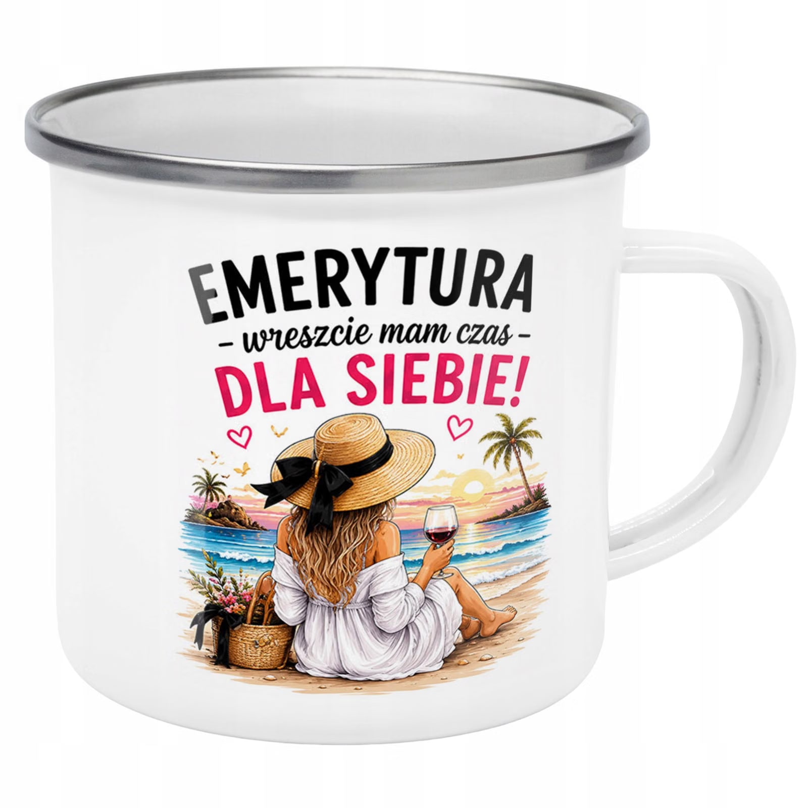 Kubek Emaliowany Emerytura Dla Emerytki z Nadrukiem Biały Metalowy Prezent
