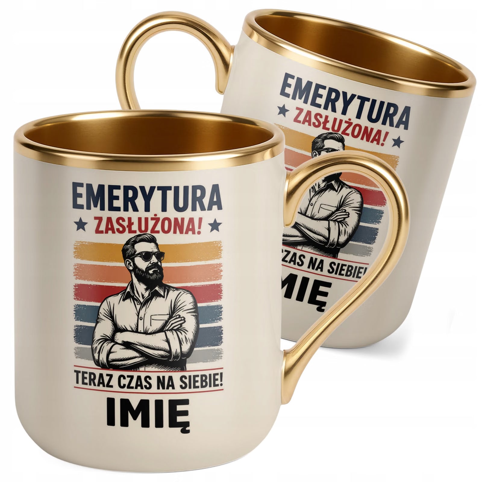 Kubek Personalizowany z nadrukiem Premium Złoty Ecru Emerytura Prezent