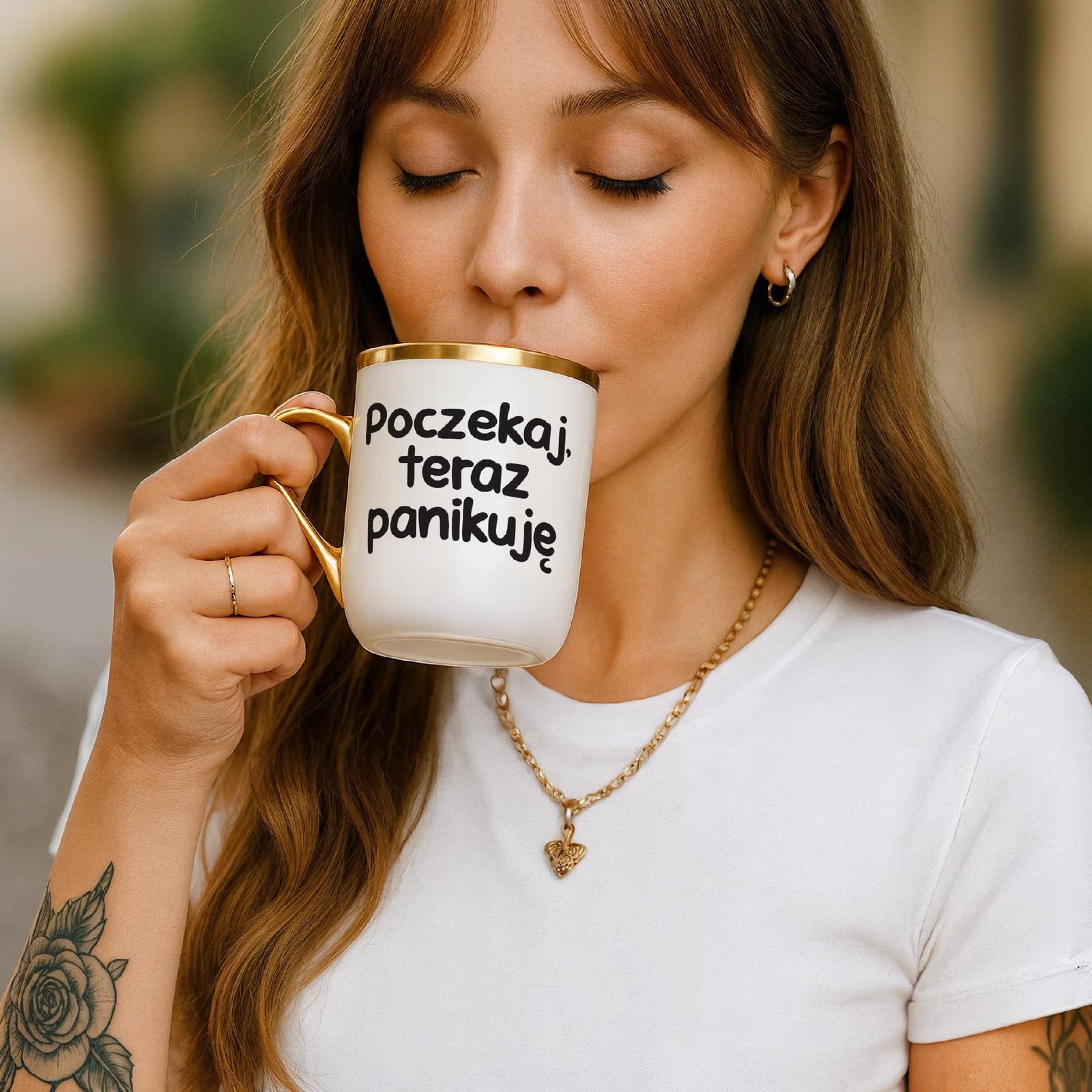 Kubek Premium Złoty Poczekaj Teraz Panikuję Śmieszny Zabawny Prezent