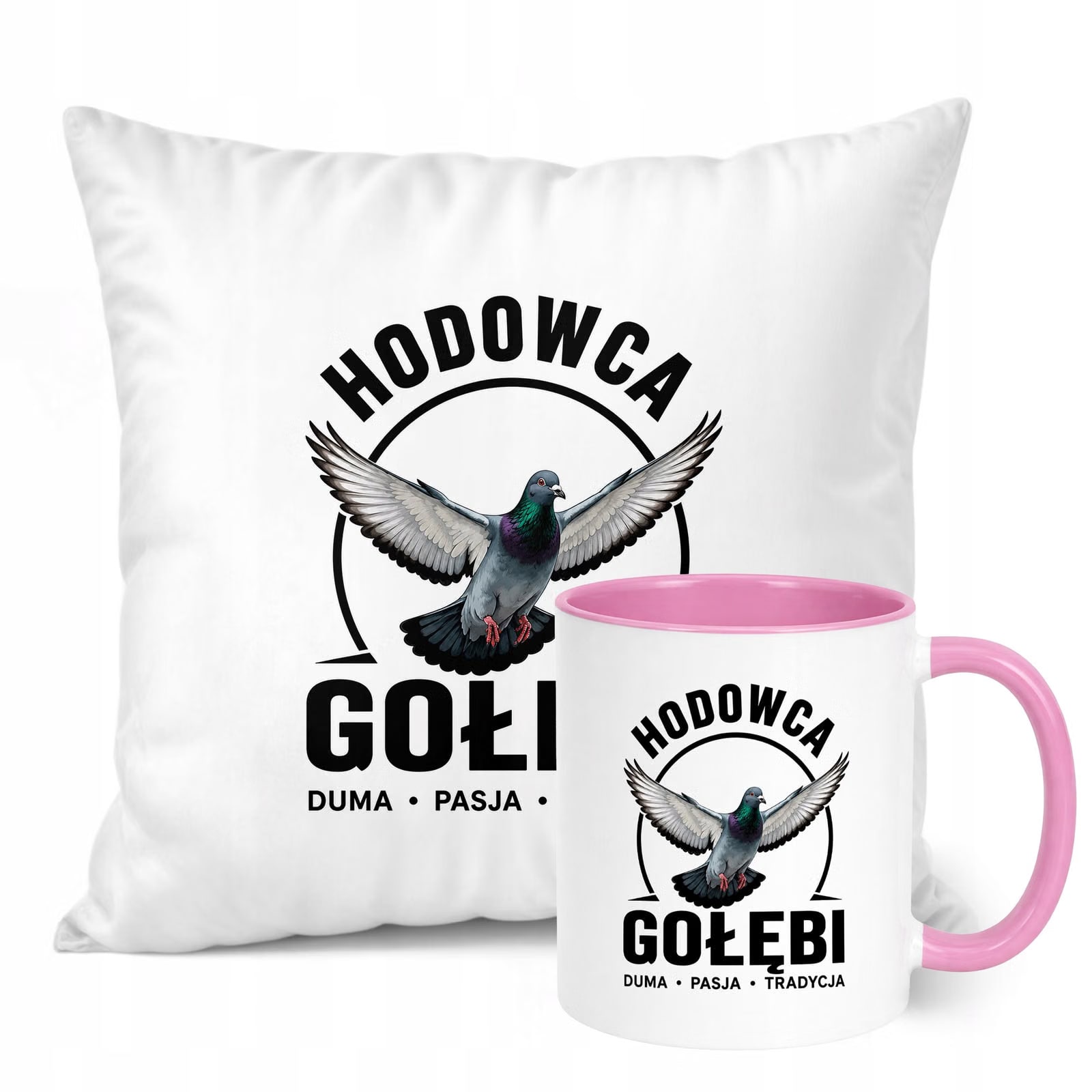 Zestaw Kubek Różowy Poduszka Z Nadrukiem Dla Gołębiarza Prezent