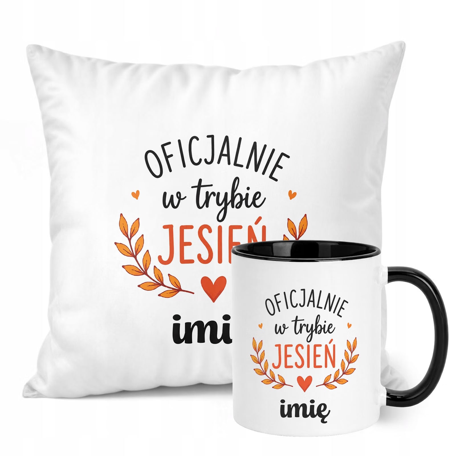 Zestaw Personalizowany Kubek Czarny Poduszka Jesień Jesienny Z Nadrukiem