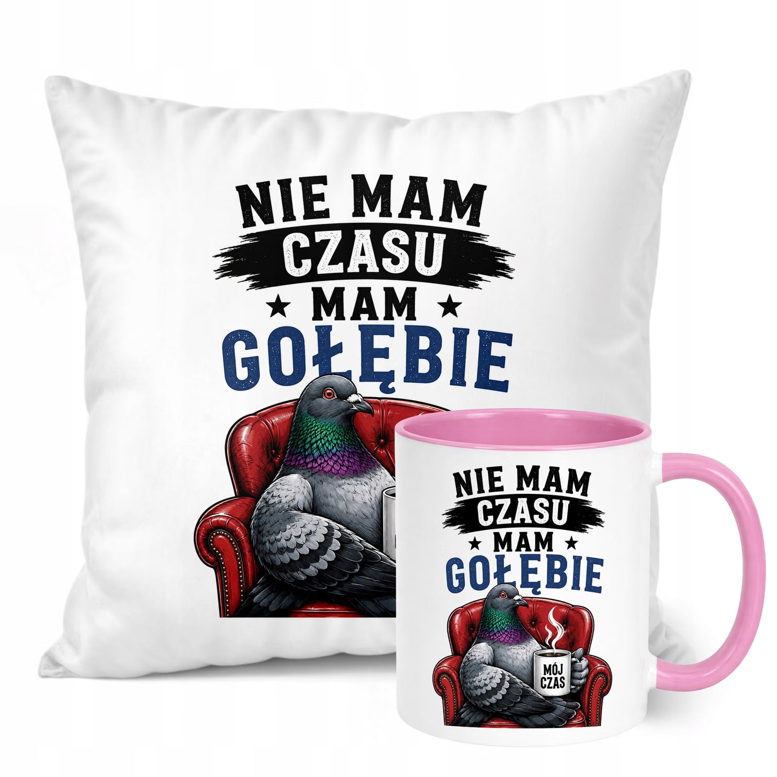 Zestaw Kubek Różowy Poduszka Z Nadrukiem Dla Gołębiarza Prezent