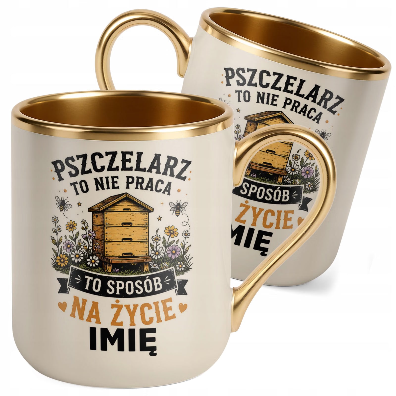 Kubek Personalizowany z nadrukiem Premium Złoty Ecru Dla Pszczelarza