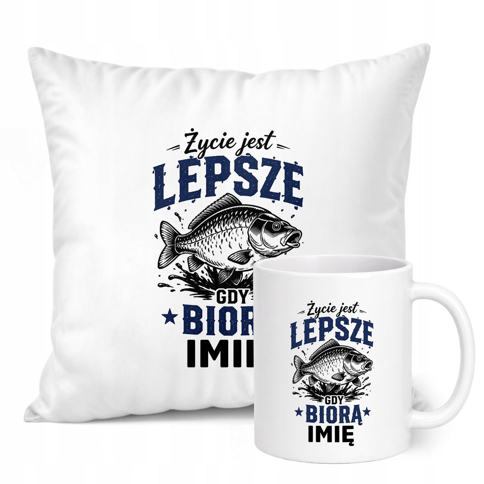 Zestaw Personalizowany Kubek Biały Poduszka Z Nadrukiem Dla Wędkarza