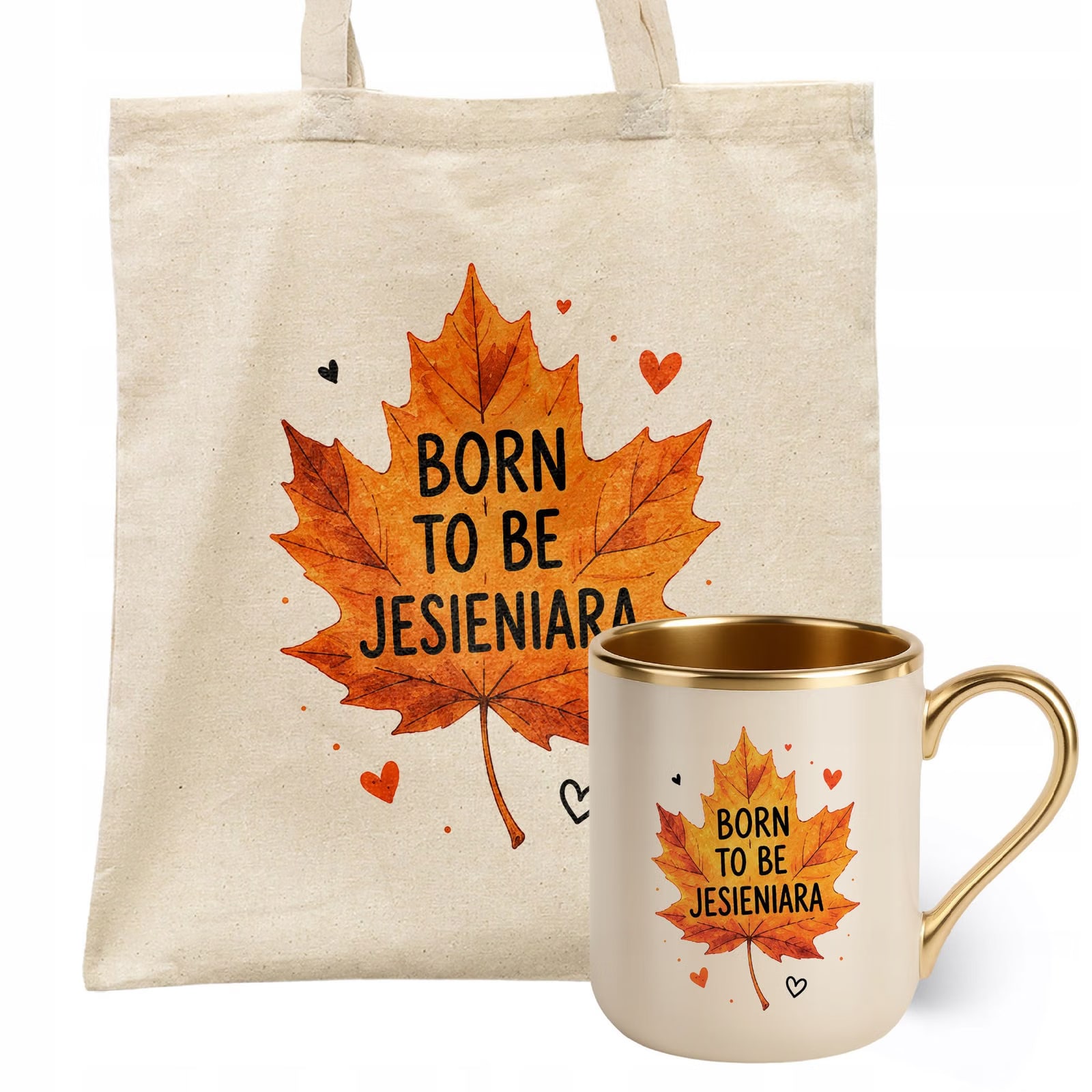 Zestaw Kubek Premium Złoty Ecru Torba Shopper Ecru Z Nadrukiem Jesień