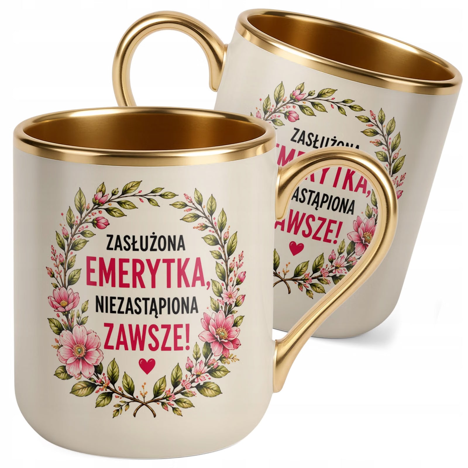 Kubek z nadrukiem Premium Złoty Ecru Emerytura Dla Emerytki Prezent
