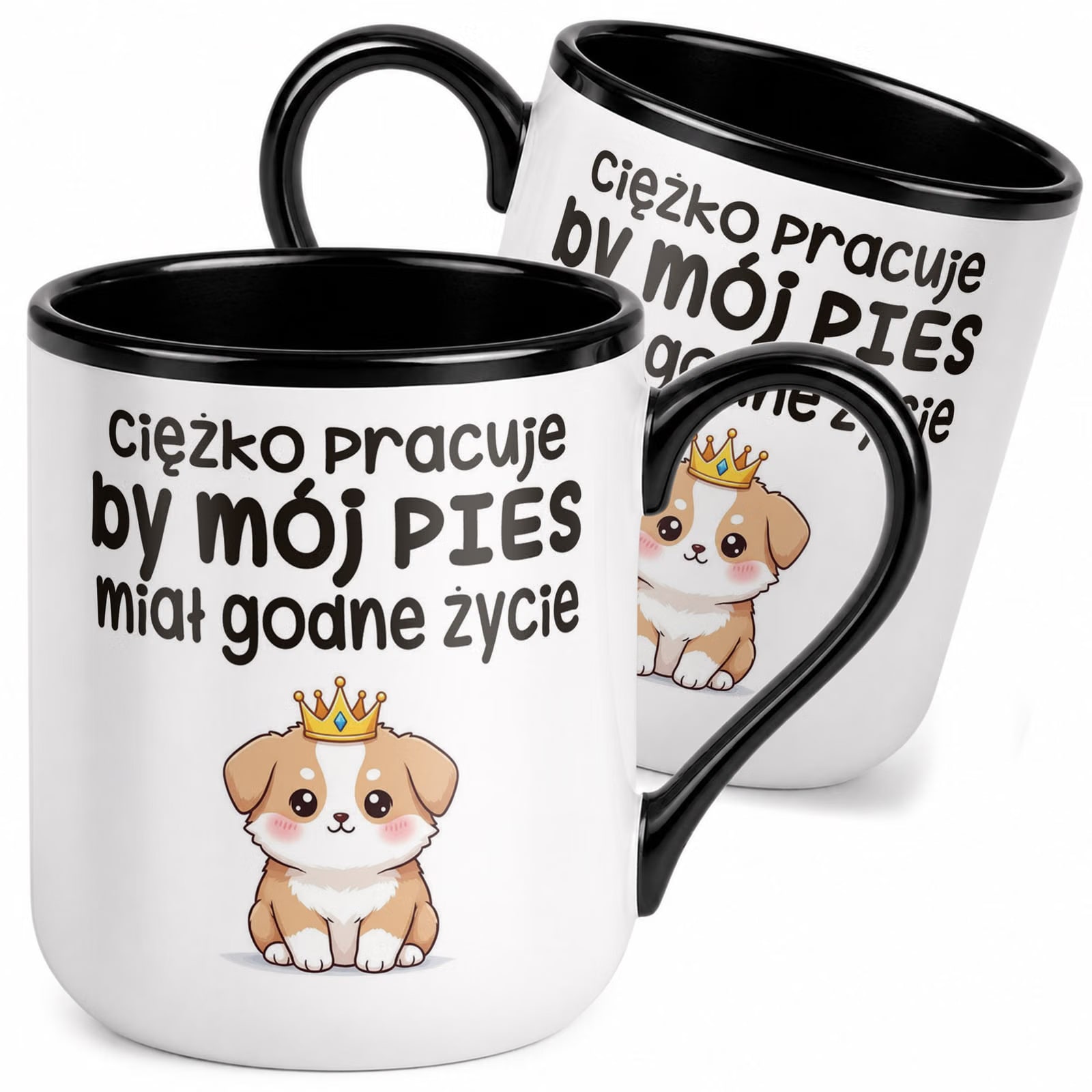 Kubek z nadrukiem Premium Czarny Cieżko Pracuję By Mój Pies Prezent