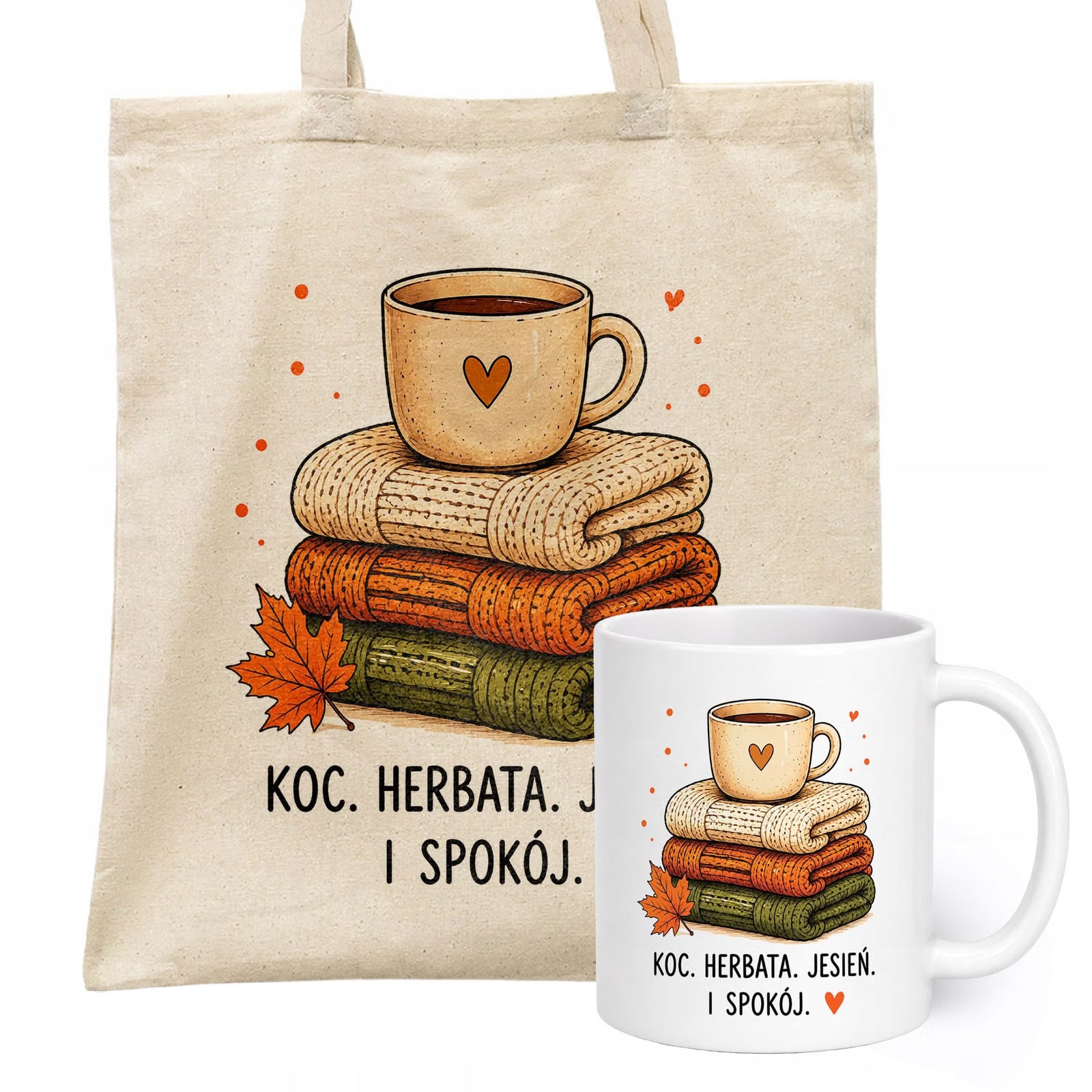 Zestaw Kubek Biały Torba Shopper Ecru Z Nadrukiem Jesień Jesienny Prezent