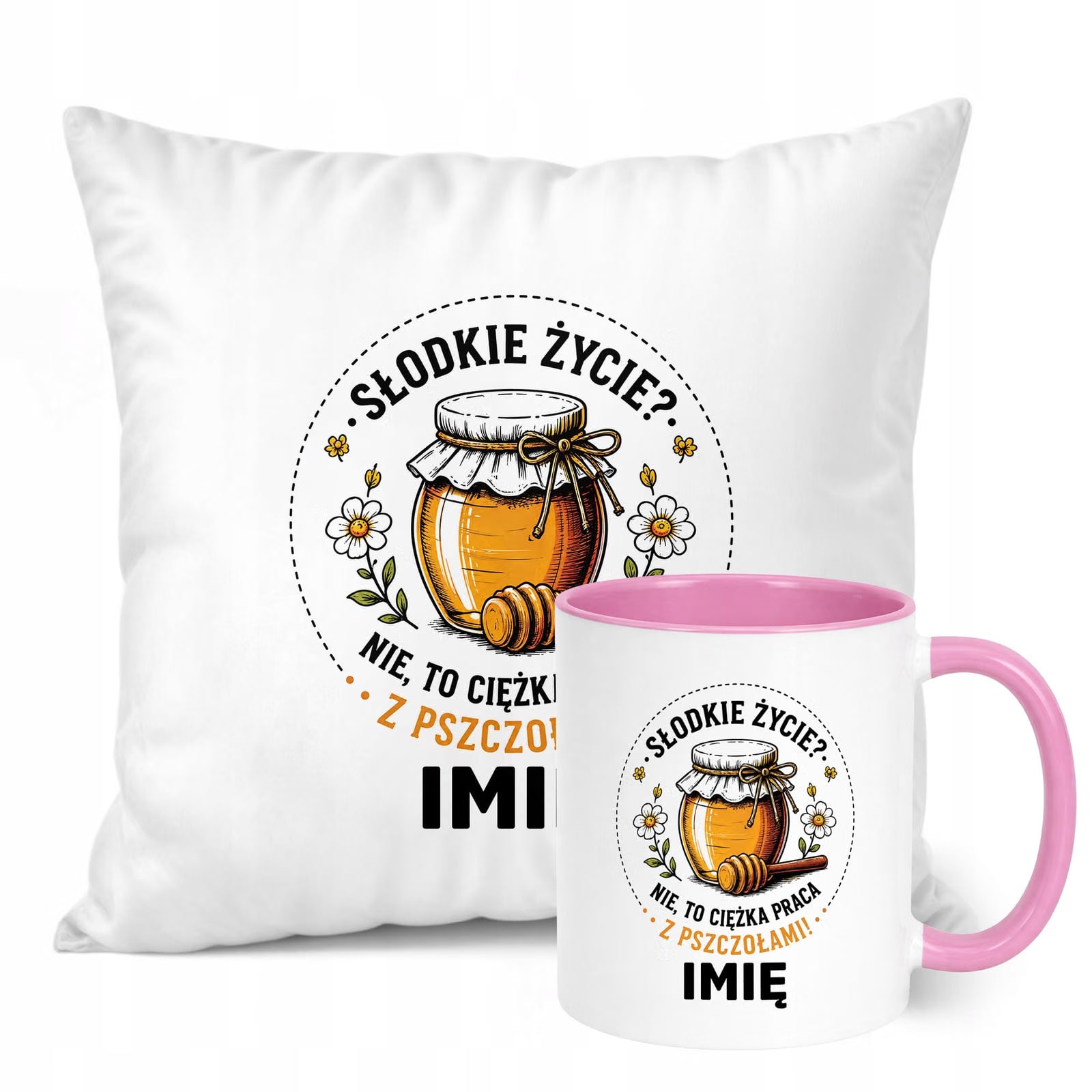 Zestaw Personalizowany Kubek Różowy Poduszka Z Nadrukiem Dla Pszczelarza