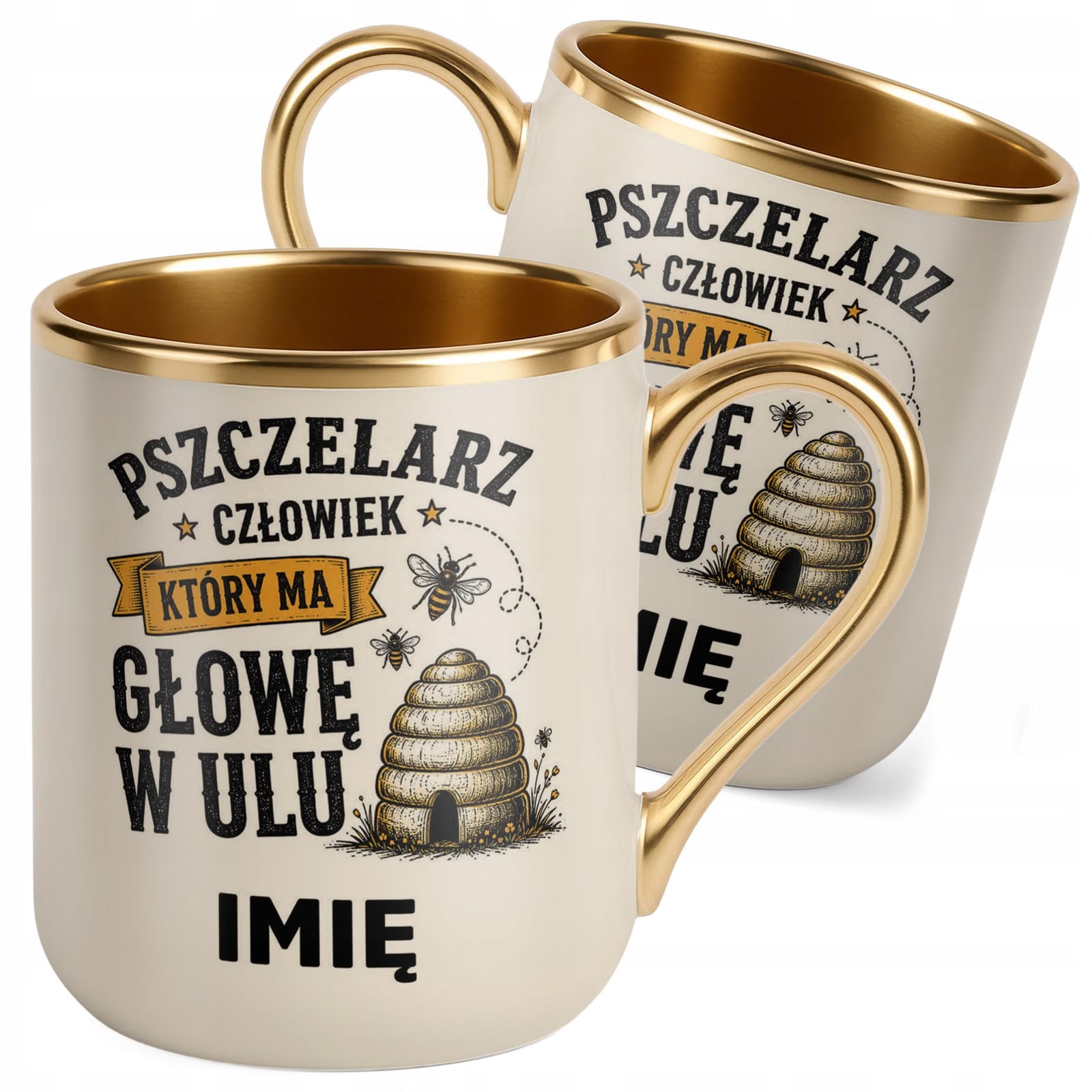 Kubek Personalizowany z nadrukiem Premium Złoty Ecru Dla Pszczelarza