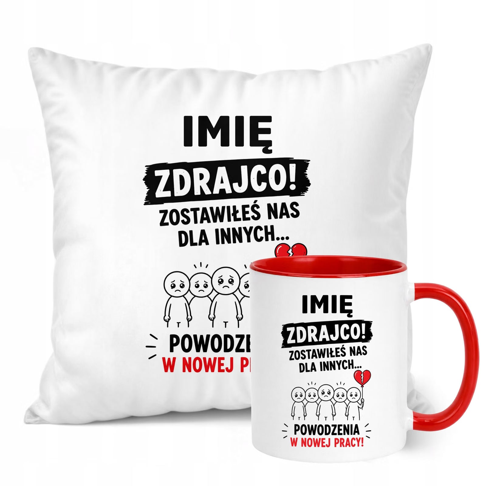 Zestaw Personalizowany Kubek Czerwony Poduszka Odejście z Pracy Prezent