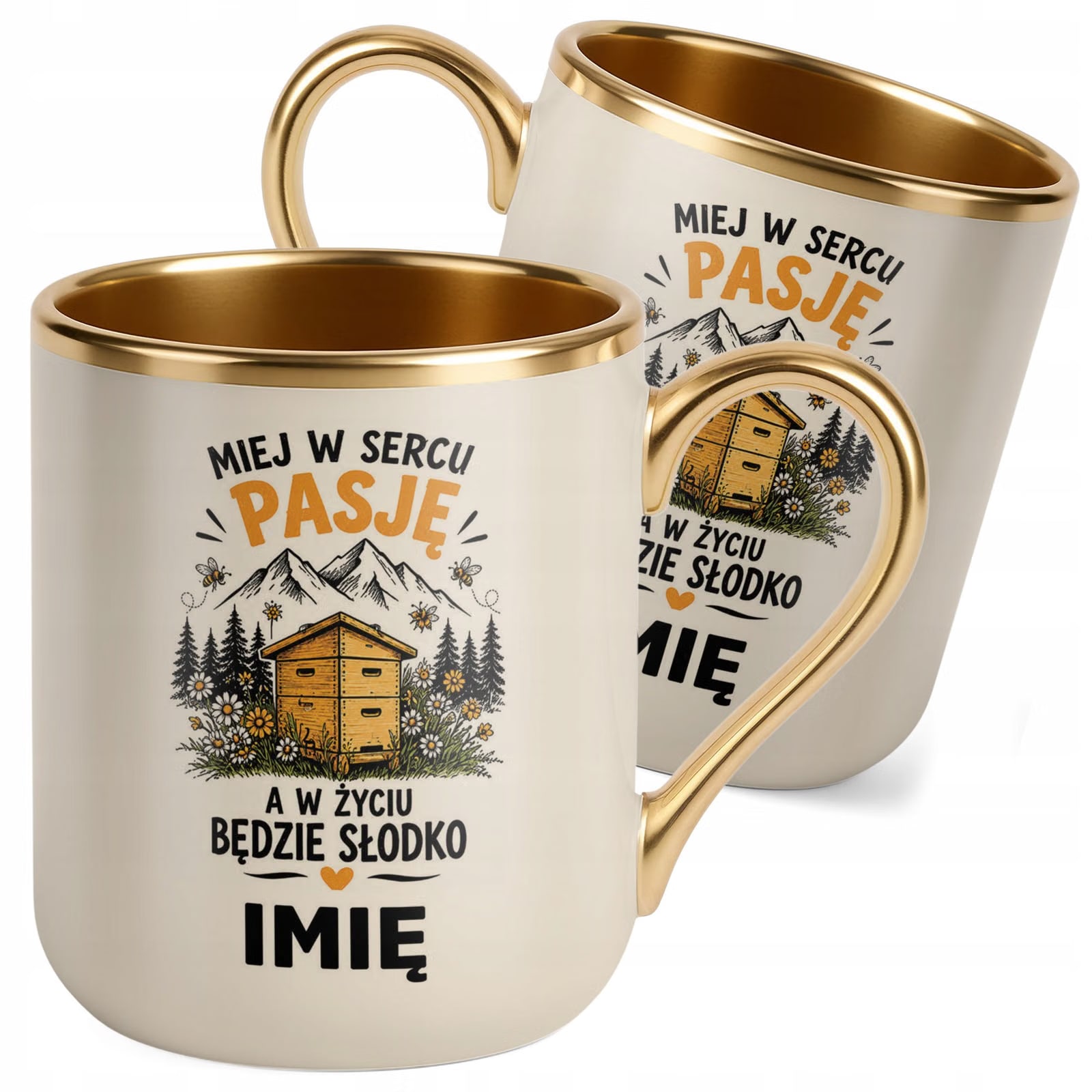 Kubek Personalizowany z nadrukiem Premium Złoty Ecru Dla Pszczelarza