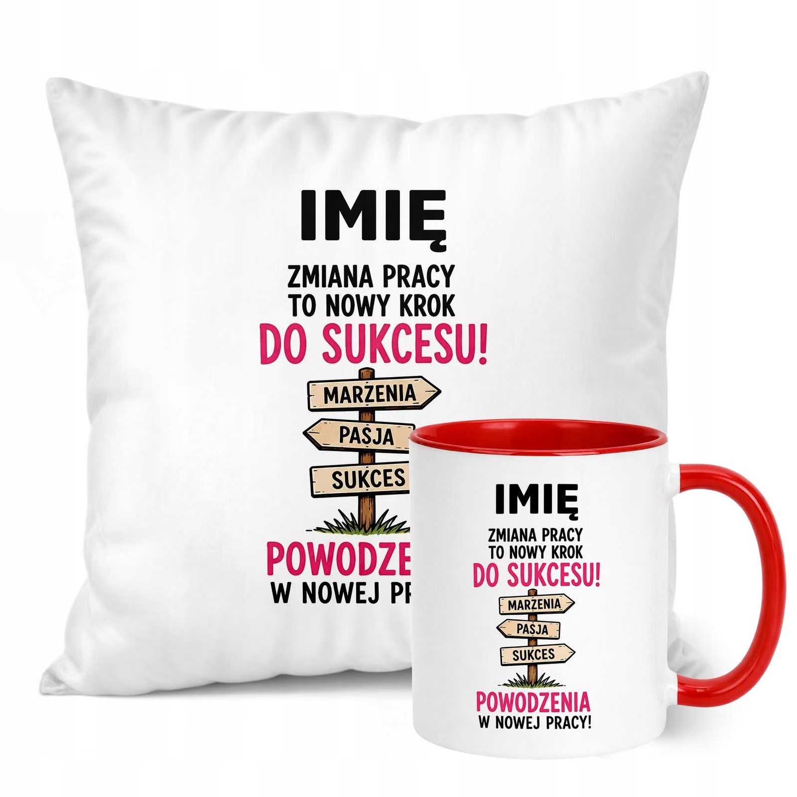 Zestaw Personalizowany Kubek Czerwony Poduszka Odejście z Pracy Prezent
