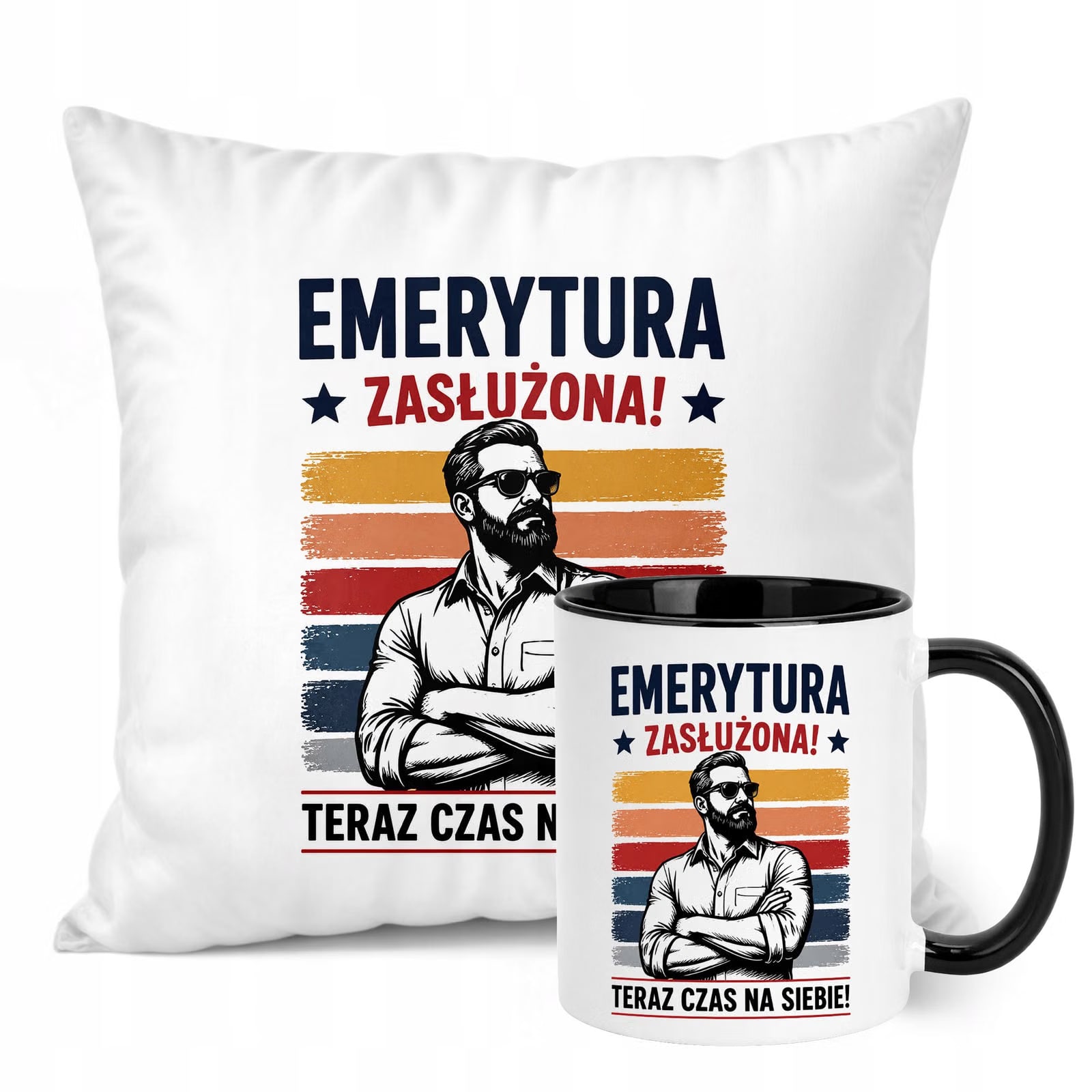 Zestaw Kubek Czarny Poduszka Z Nadrukiem Emerytura Dla Emeryta Prezent
