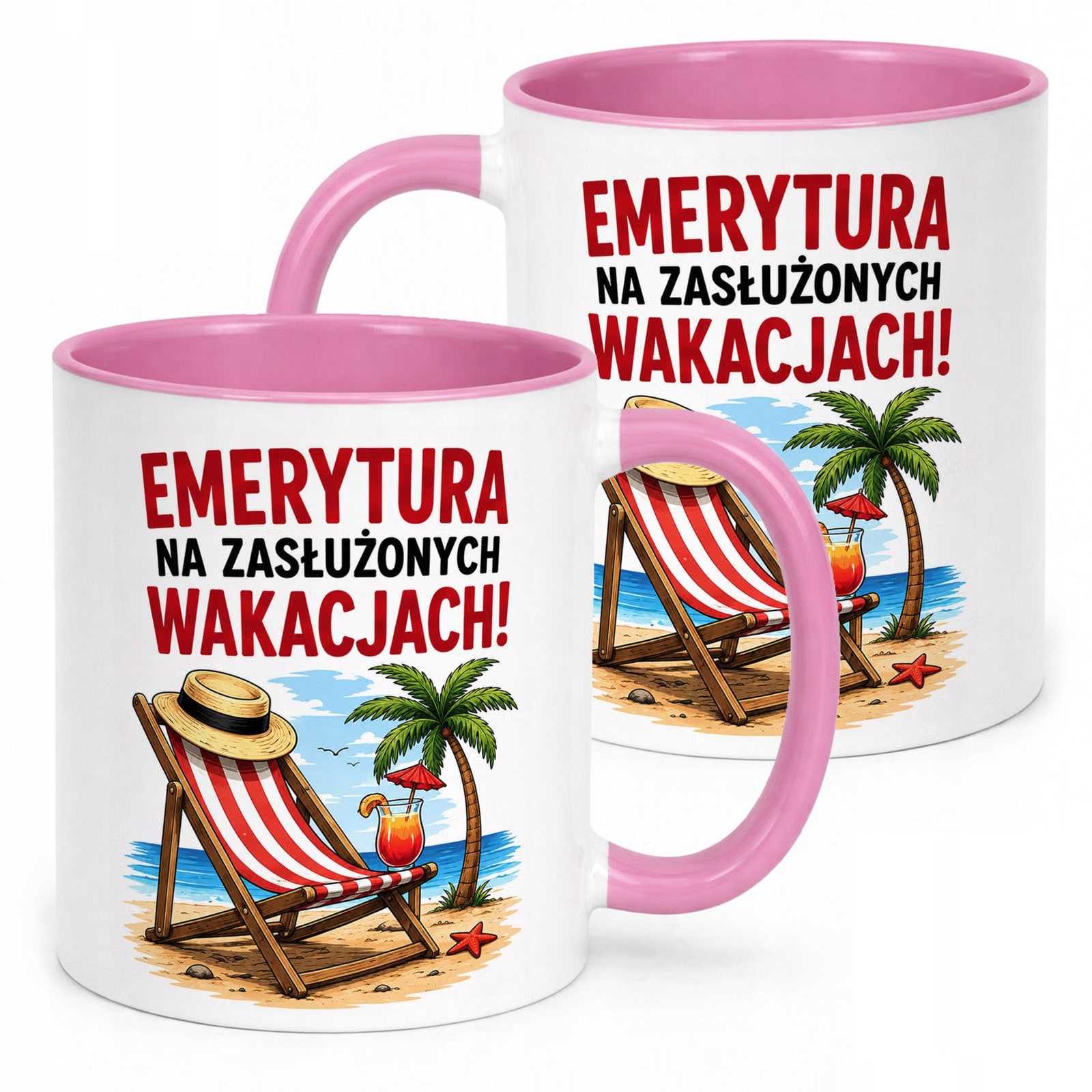 Kubek Różowy z nadrukiem Emerytura Dla Emeryta Emerytki Upominek Prezent