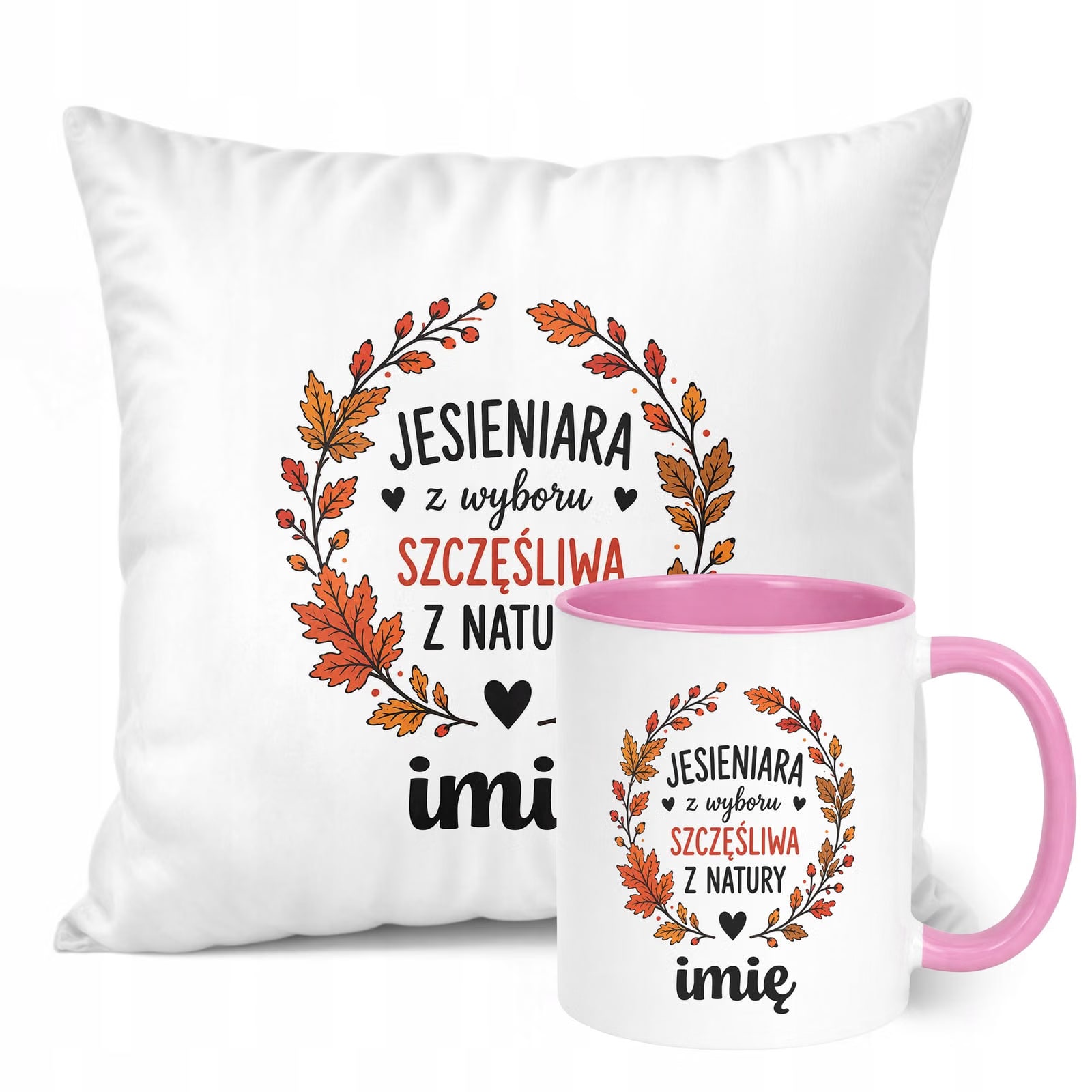 Zestaw Personalizowany Kubek Różowy Poduszka Jesień Jesienny Z Nadrukiem