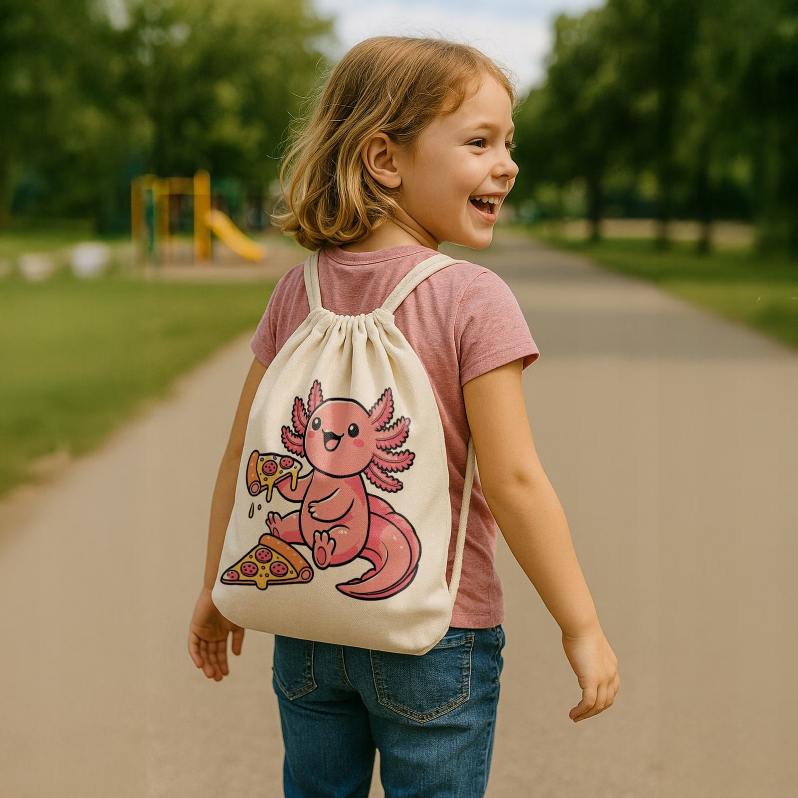 Plecak worek bawełna ecru dziecięcy Aksolotl Axolotl Różowy Zwierzak Viral
