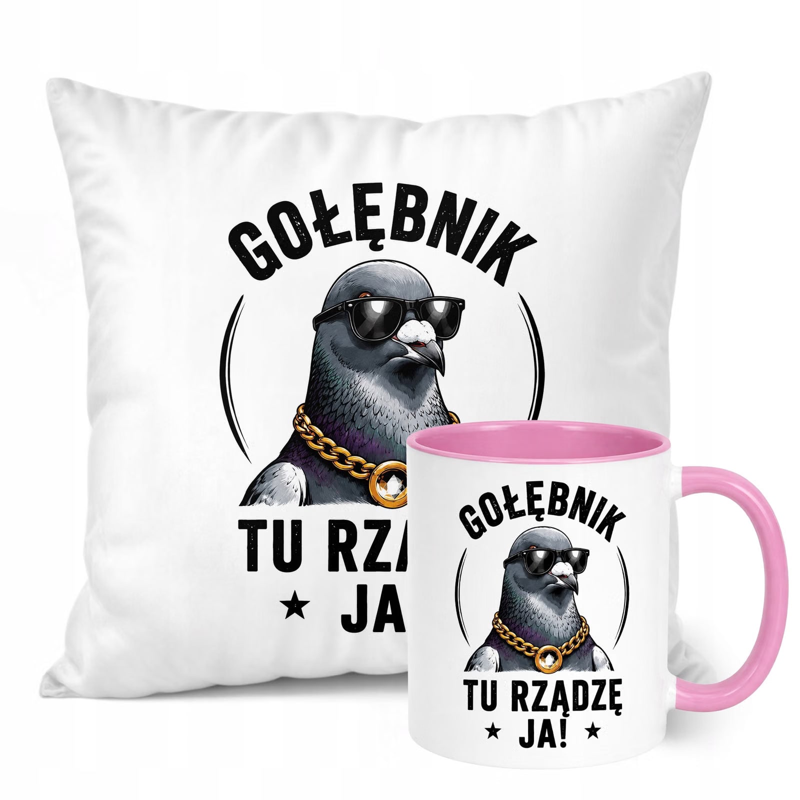 Zestaw Kubek Różowy Poduszka Z Nadrukiem Dla Gołębiarza Prezent