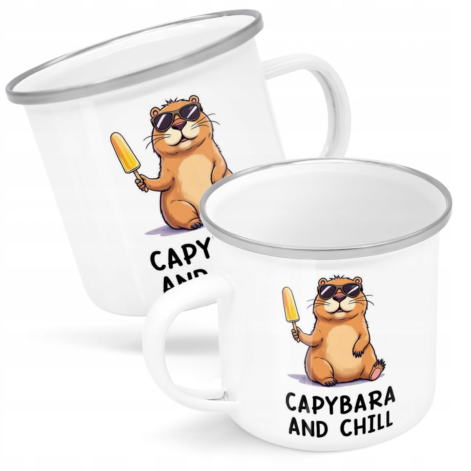 Kubek Emaliowany Kapibara Capybara Zwierzak z Nadrukiem Biały Metalowy